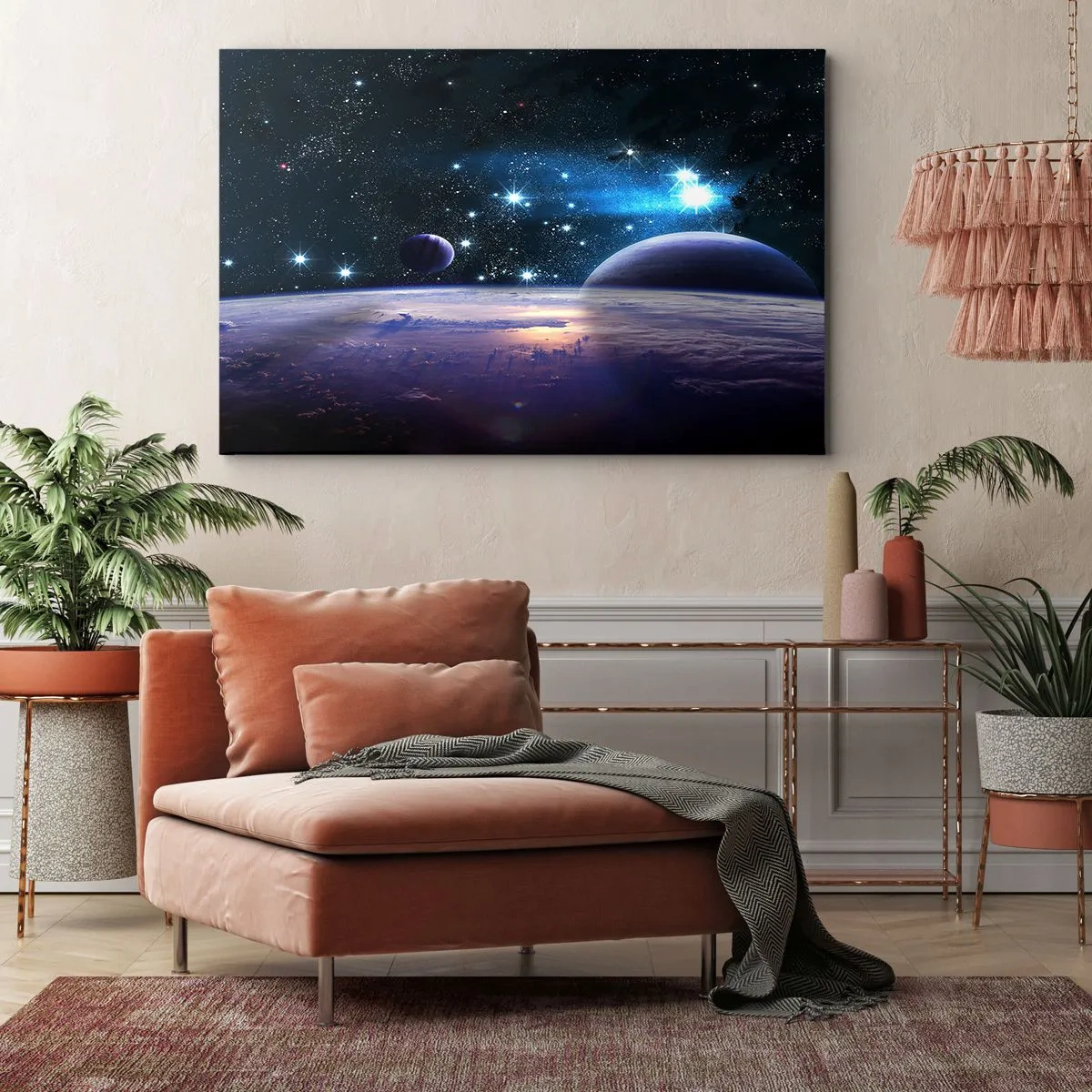 Bild auf Leinwand - Leinwandbild - Ein Blick in den Weltraum mit Planeten und Sternen - 70x50cm - Noch allein? - Moderne Wanddekoration für Wohnzimmer und Schlafzimmer ARTTOR
