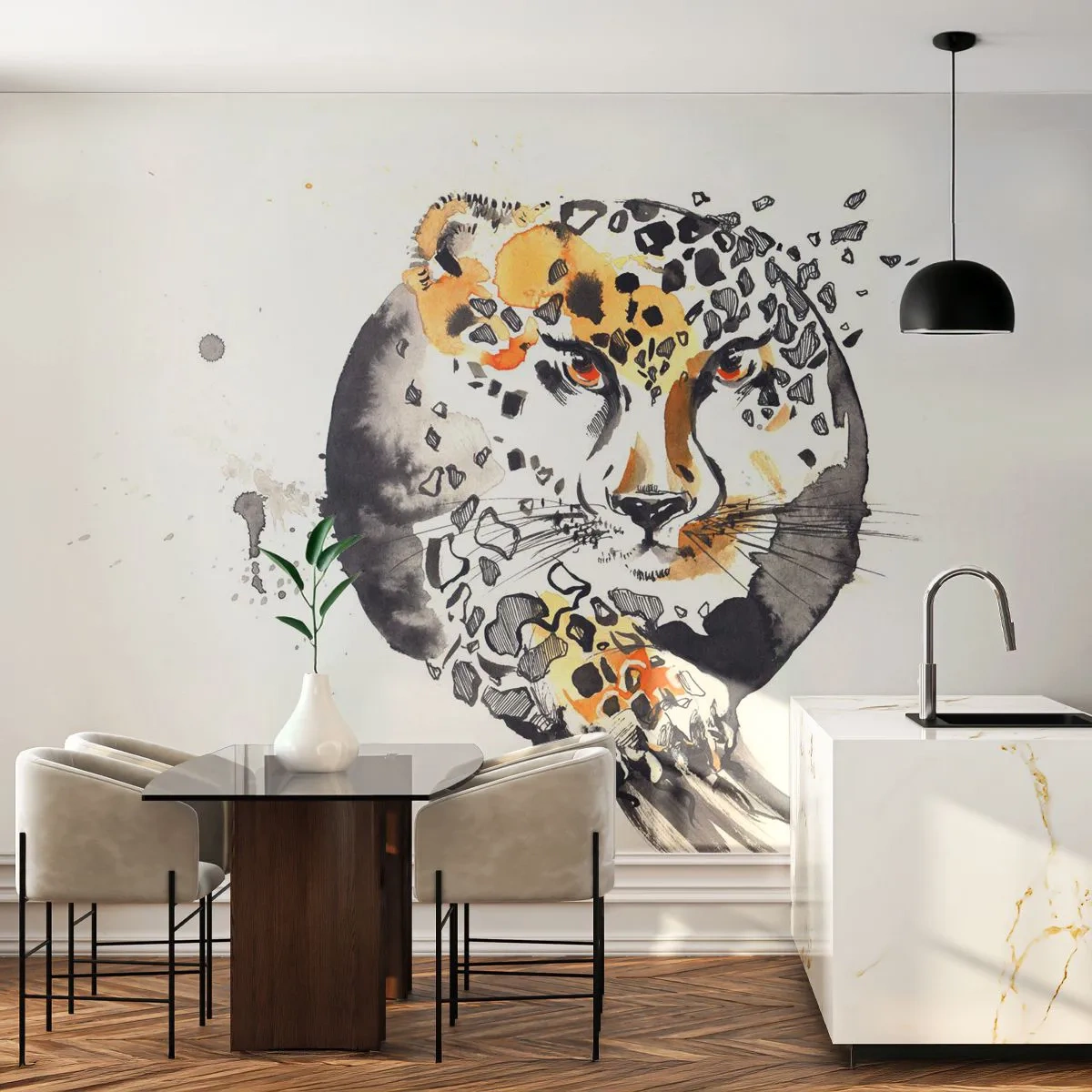 Fototapete Premium Sand - Abstrakte Darstellung eines Geparden mit spritzenden Flecken - 100x70cm - Raubtierschönheit - Moderne Wanddekoration für Wohnzimmer und Schlafzimmer ARTTOR