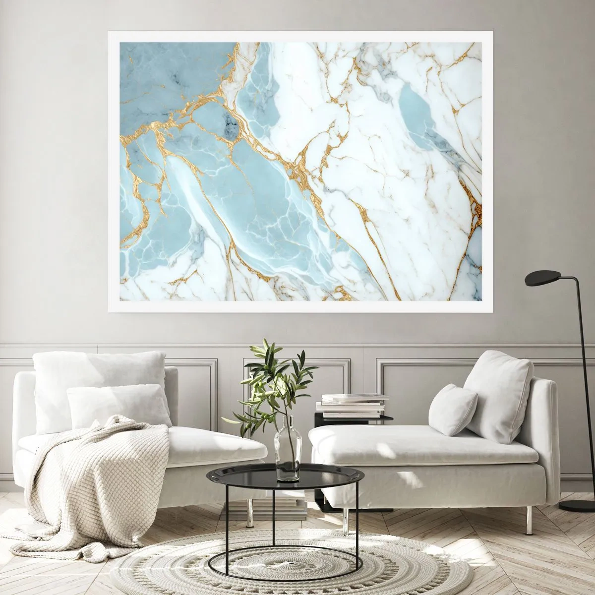 Poster - Blaue und weiße Marmormuster mit zusätzlichen goldenen Adern - 100x70cm - Reichtum des Steins - Moderne Wanddekoration für Wohnzimmer und Schlafzimmer ARTTOR