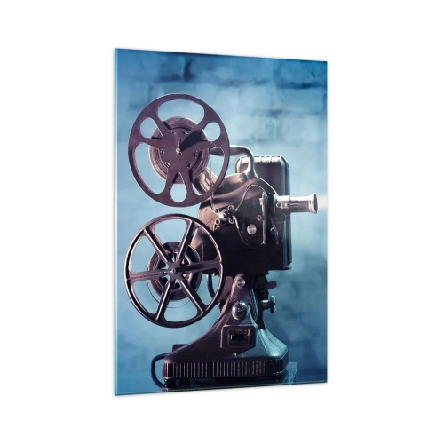 Glasbild - Bild auf glas - Ein alter Filmprojektor wirft Licht vor einen blauen Hintergrund - 70x100cm - Im alten Kino - Moderne Wanddekoration für Wohnzimmer und Schlafzimmer ARTTOR