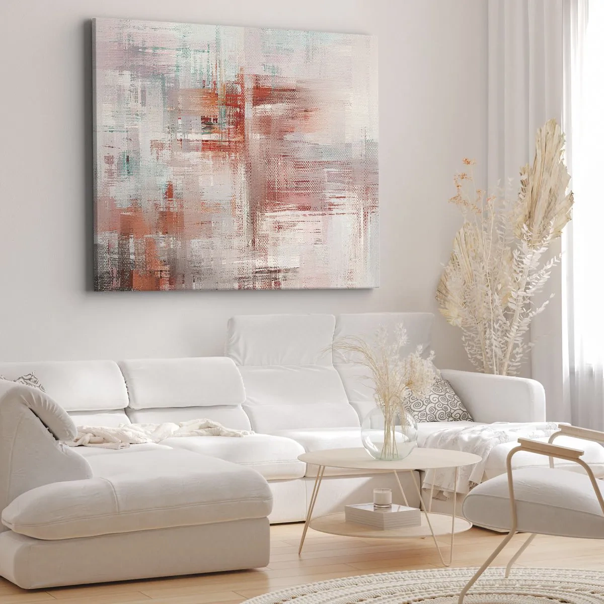 Bild auf Leinwand - Leinwandbild - Eine abstrakte Komposition mit Rottönen und Pastellfarben. - 100x70cm - Dunstig. Aber rosa - Moderne Wanddekoration für Wohnzimmer und Schlafzimmer ARTTOR