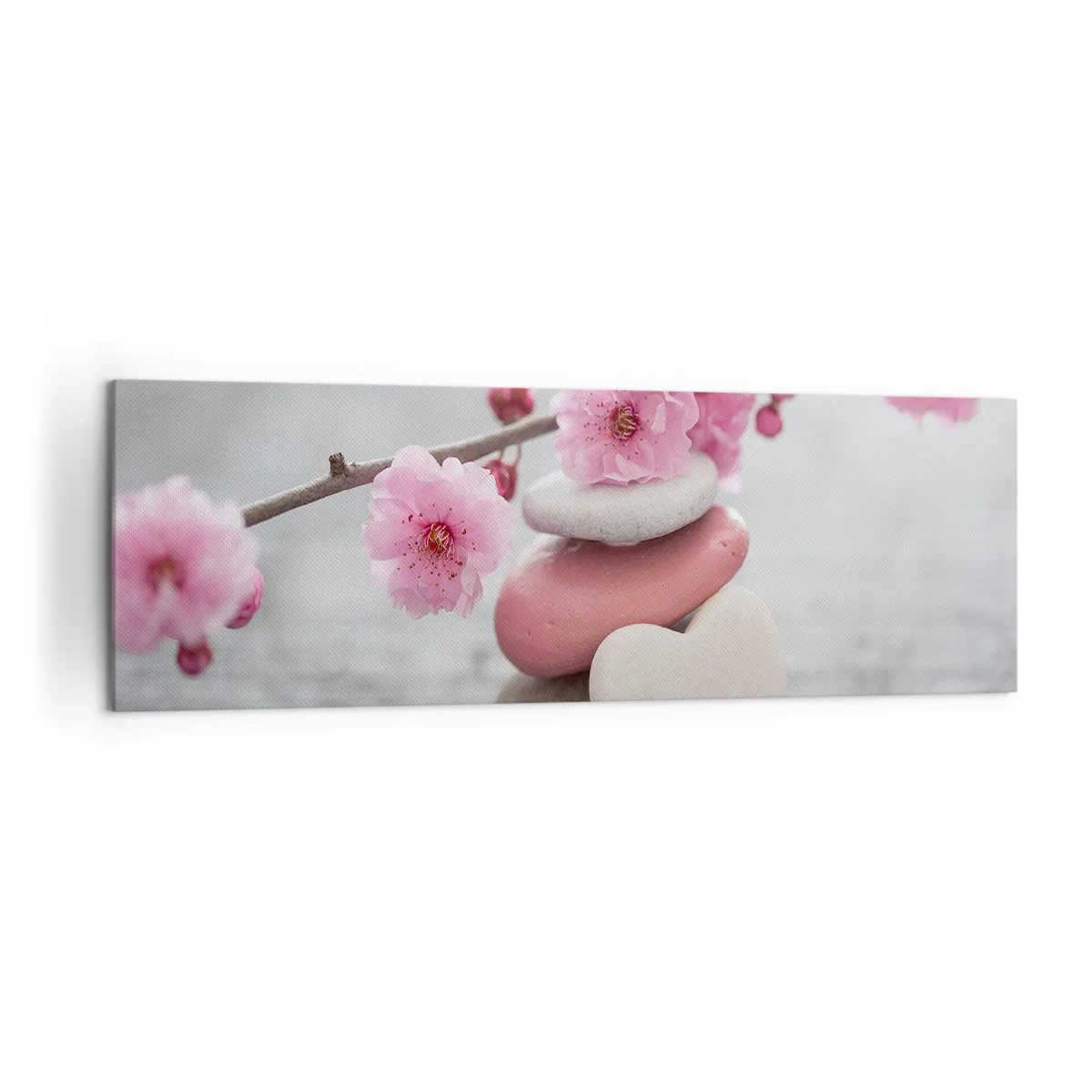 Bild auf Leinwand - Leinwandbild - Zarte Kirschblüten mit herzförmigen Steinen - 160x50cm - Glückseligkeit mit einer Kirschblüte - Moderne Wanddekoration für Wohnzimmer und Schlafzimmer ARTTOR