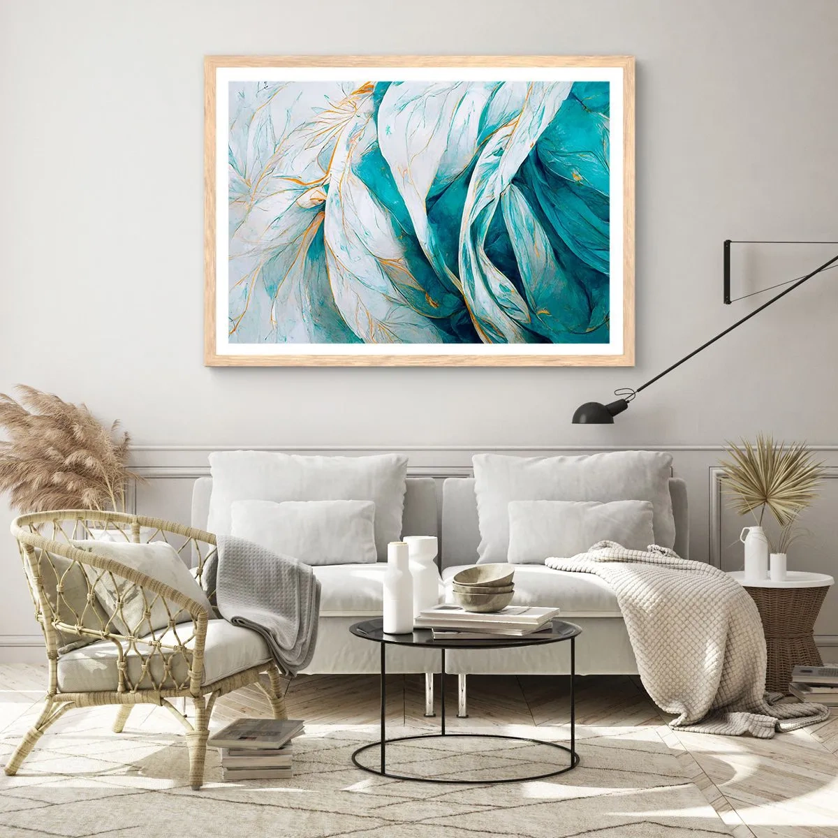 Poster in einem Rahmen aus heller Eiche - Blaue Abstraktion mit goldenem Motiv - 50x40 cm