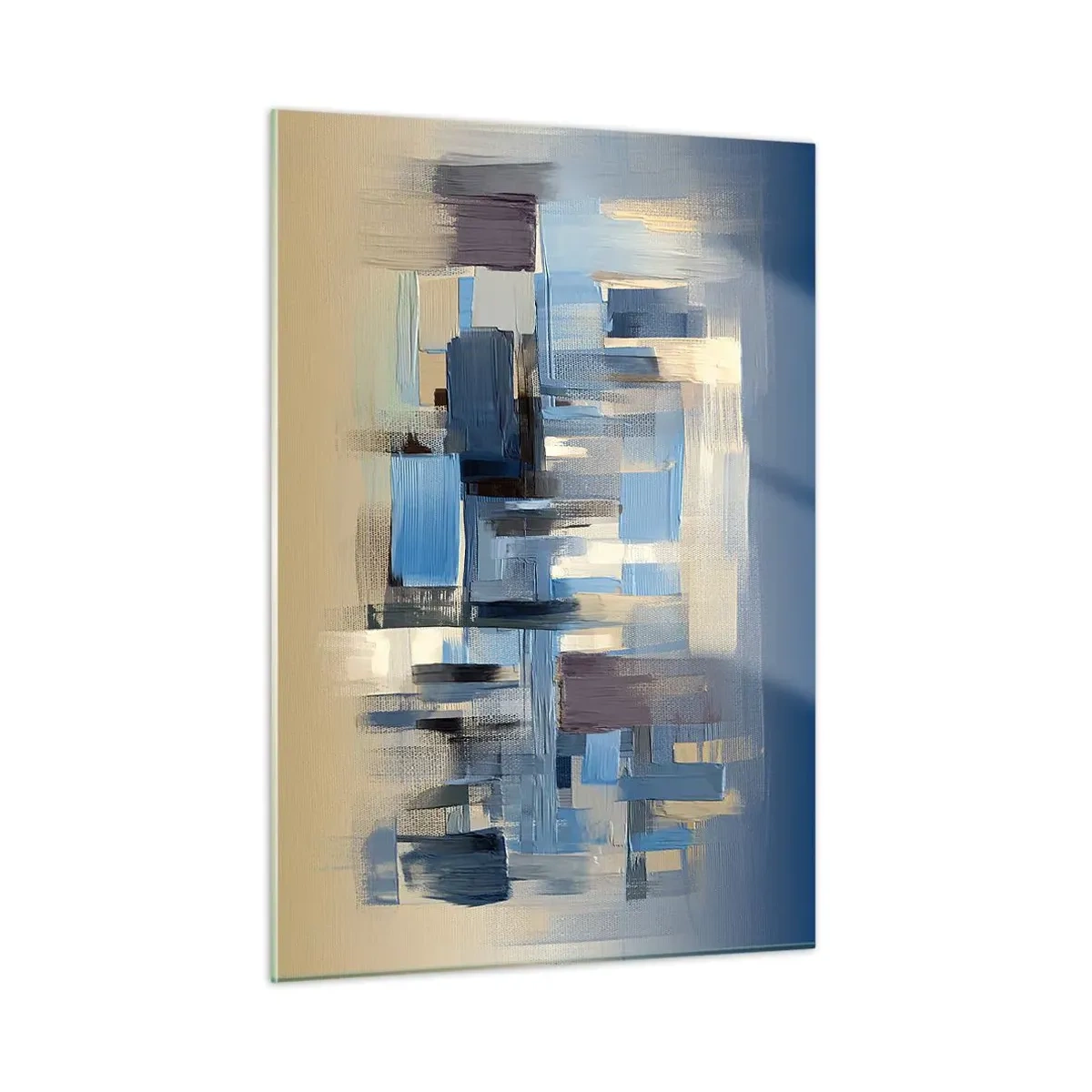 Glasbild - Bild auf glas - Geometrische Pinselstriche in Blau- und Beigetönen - 50x70cm - Blaue Konstruktion - Moderne Wanddekoration für Wohnzimmer und Schlafzimmer ARTTOR