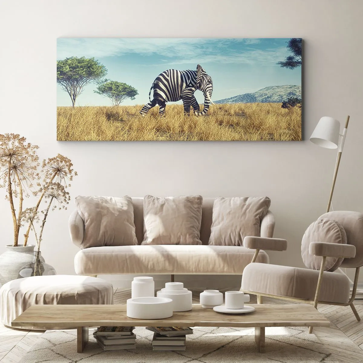 Bild auf Leinwand - Leinwandbild - Zebra in einer afrikanischen Landschaft - 160x50cm - Grau ist nicht mehr in Mode - Moderne Wanddekoration für Wohnzimmer und Schlafzimmer ARTTOR