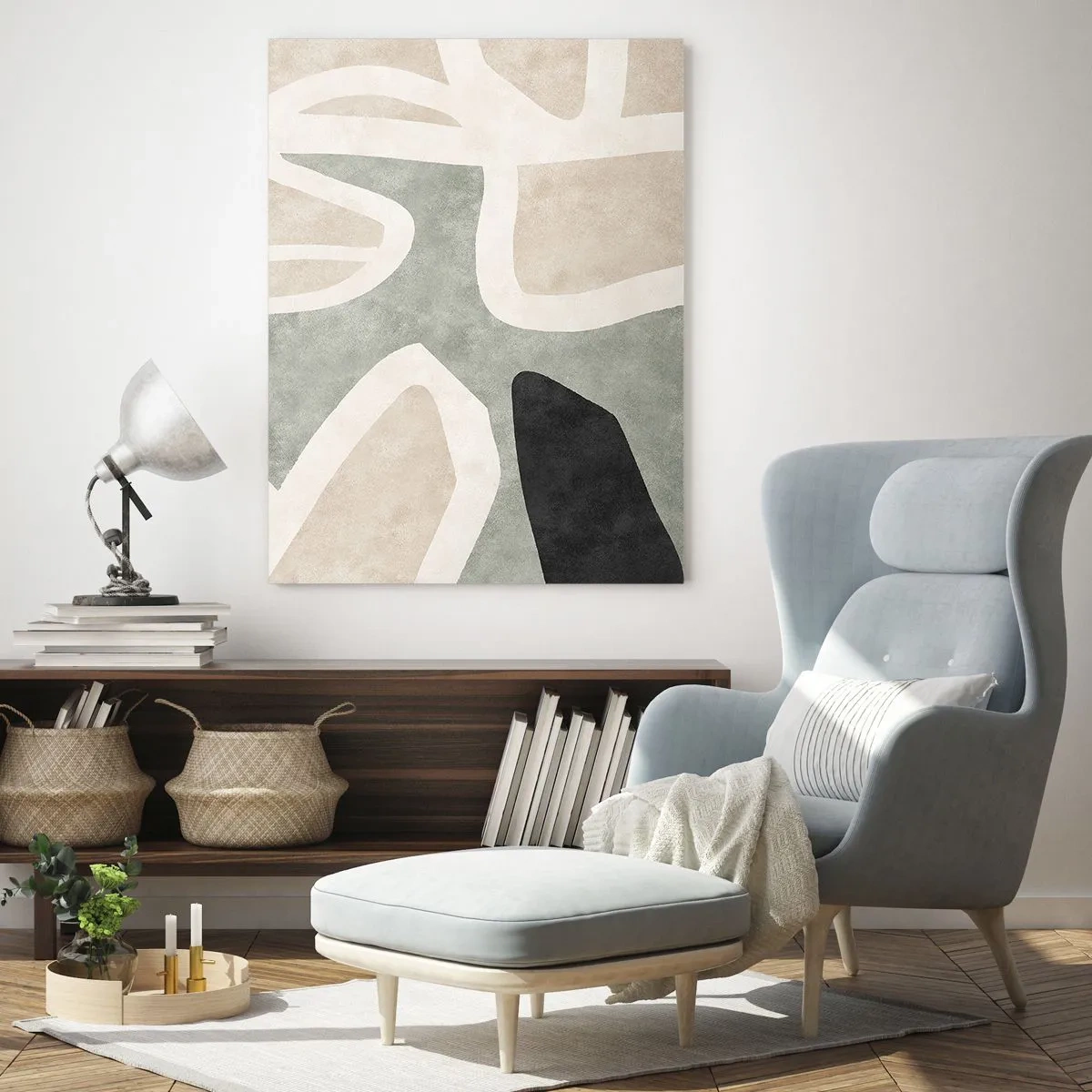 Glasbild - Bild auf glas - Abstrakte Formen in gedämpften Farben - 70x100cm - Komposition mit schwarzem Motiv - Moderne Wanddekoration für Wohnzimmer und Schlafzimmer ARTTOR