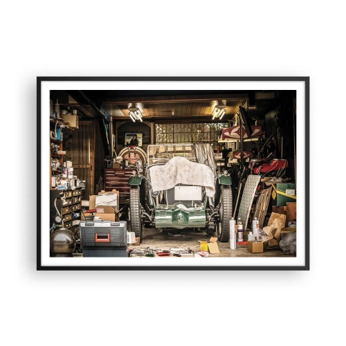 Poster in einem schwarzem Rahmen - Ein altes Auto in einer Garage, umgeben von Werkzeugen und Geräten - 100x70cm - Zurück in die Vergangenheit - Moderne Wanddekoration für Wohnzimmer und Schlafzimmer ARTTOR