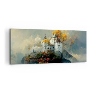 Bild auf Leinwand - Leinwandbild - Ein Schloss auf einem Hügel, umgeben von herbstlichen Bäumen - 120x50cm - Beginn einer romantischen Geschichte - Moderne Wanddekoration für Wohnzimmer und Schlafzimmer ARTTOR