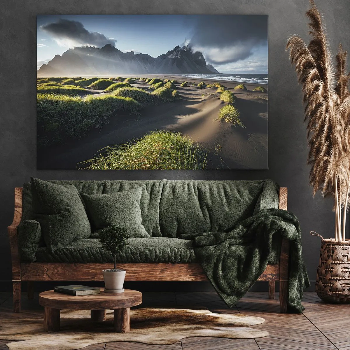 Bild auf Leinwand - Leinwandbild - Grüne Dünen mit Bergkulisse unter blauem Himmel - 70x50cm - Harmonie der Elemente - Moderne Wanddekoration für Wohnzimmer und Schlafzimmer ARTTOR