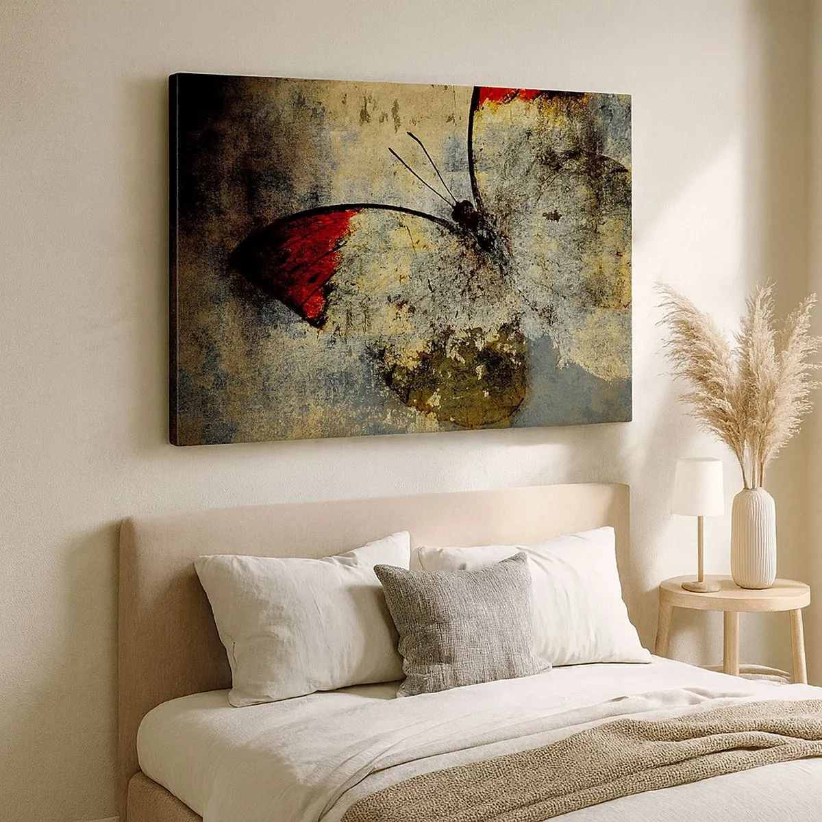 Bild auf Leinwand - Leinwandbild - Ein Schmetterling in Rot- und Grautönen auf strukturiertem Hintergrund - 70x50cm - Pass auf, bevor ich verschwinde - Moderne Wanddekoration für Wohnzimmer und Schlafzimmer ARTTOR