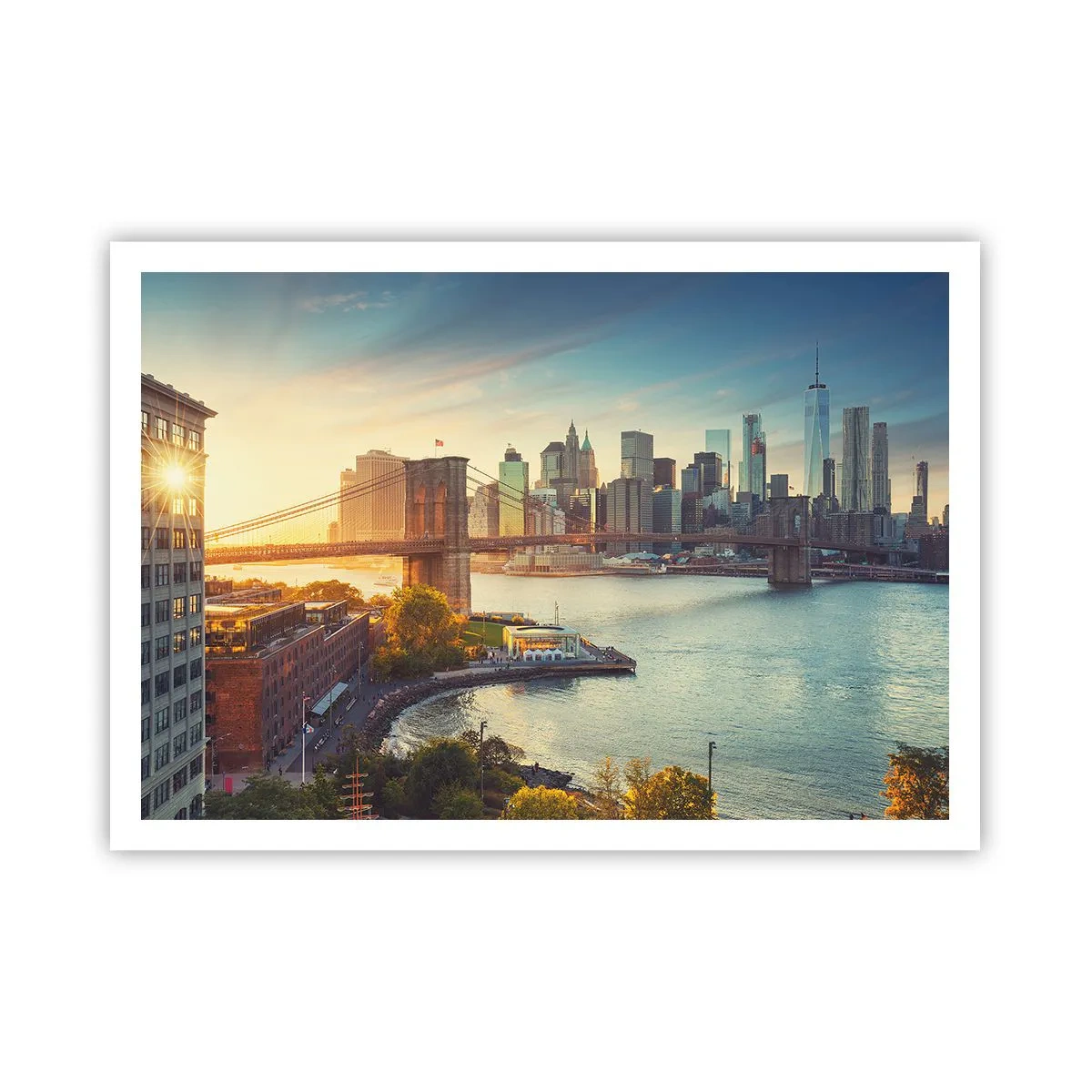 Poster - Panorama der Stadt mit der Brücke bei Sonnenuntergang - 100x70cm - Morgendämmerung der Großstadt - Moderne Wanddekoration für Wohnzimmer und Schlafzimmer ARTTOR