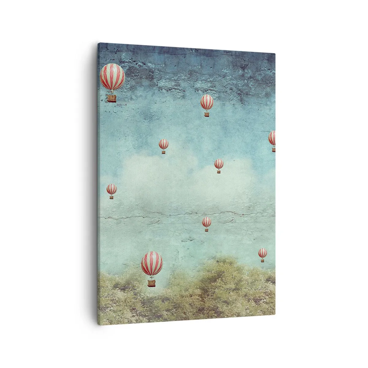 Bild auf Leinwand - Leinwandbild - Retro-Ballons vor blauem Himmel und grünem Hintergrund - 50x70cm - Frei von der Hektik des Lebens - Moderne Wanddekoration für Wohnzimmer und Schlafzimmer ARTTOR