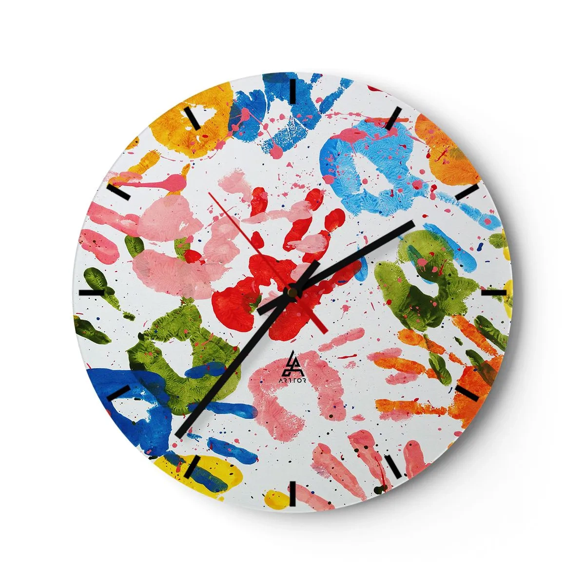 Wanduhr - Glasuhr - Bunte Handabdrücke auf weißem Hintergrund - 30x30cm - Folgen Sie den Spuren - Moderne Wanddekoration für Wohnzimmer, Küche und Schlafzimmer ARTTOR
