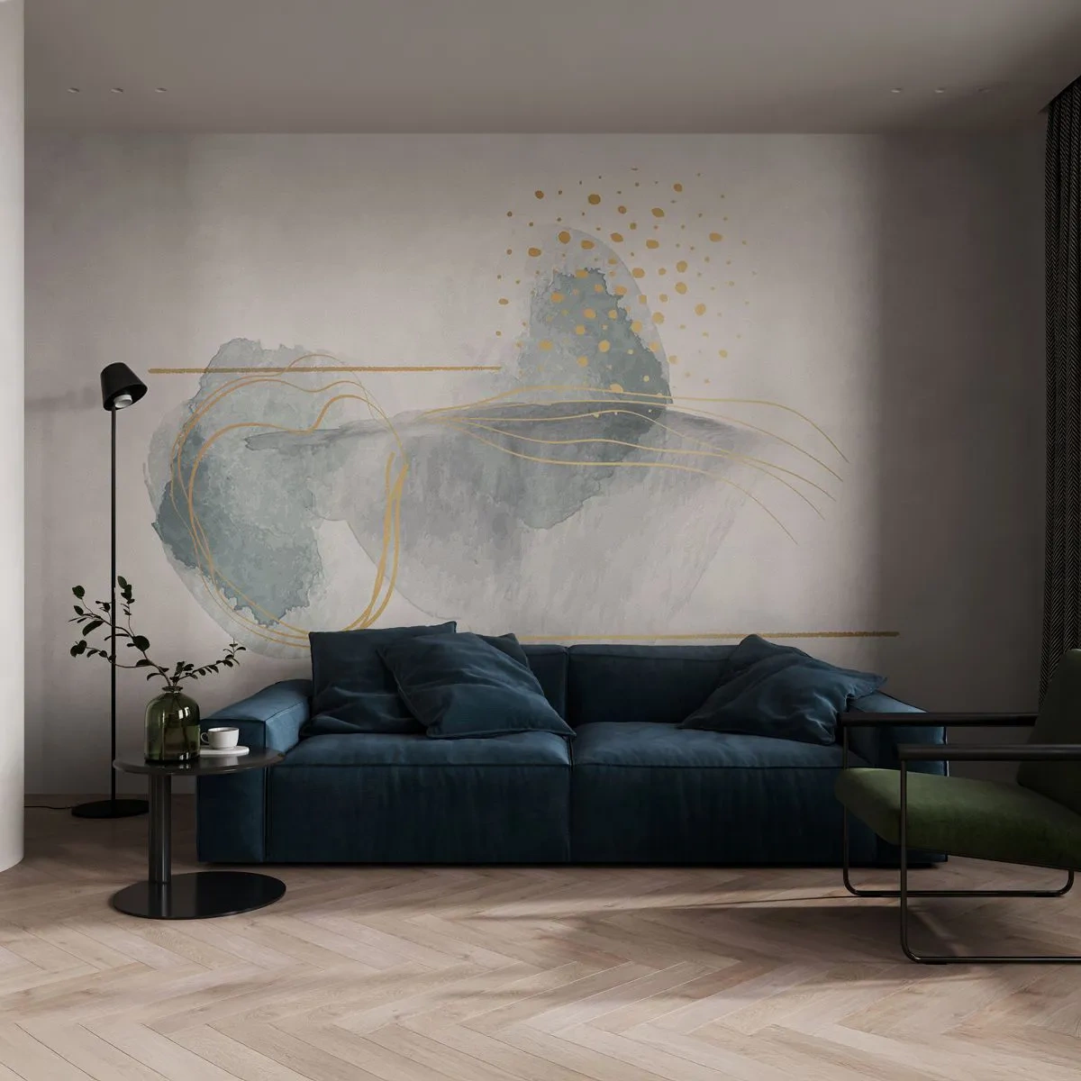 Selbstklebende Fototapete Deluxe Sticker - Über das Verhältnis von Grau und Gold - Abstraktion, Stück, Interessante Formen - 100x70 cm
