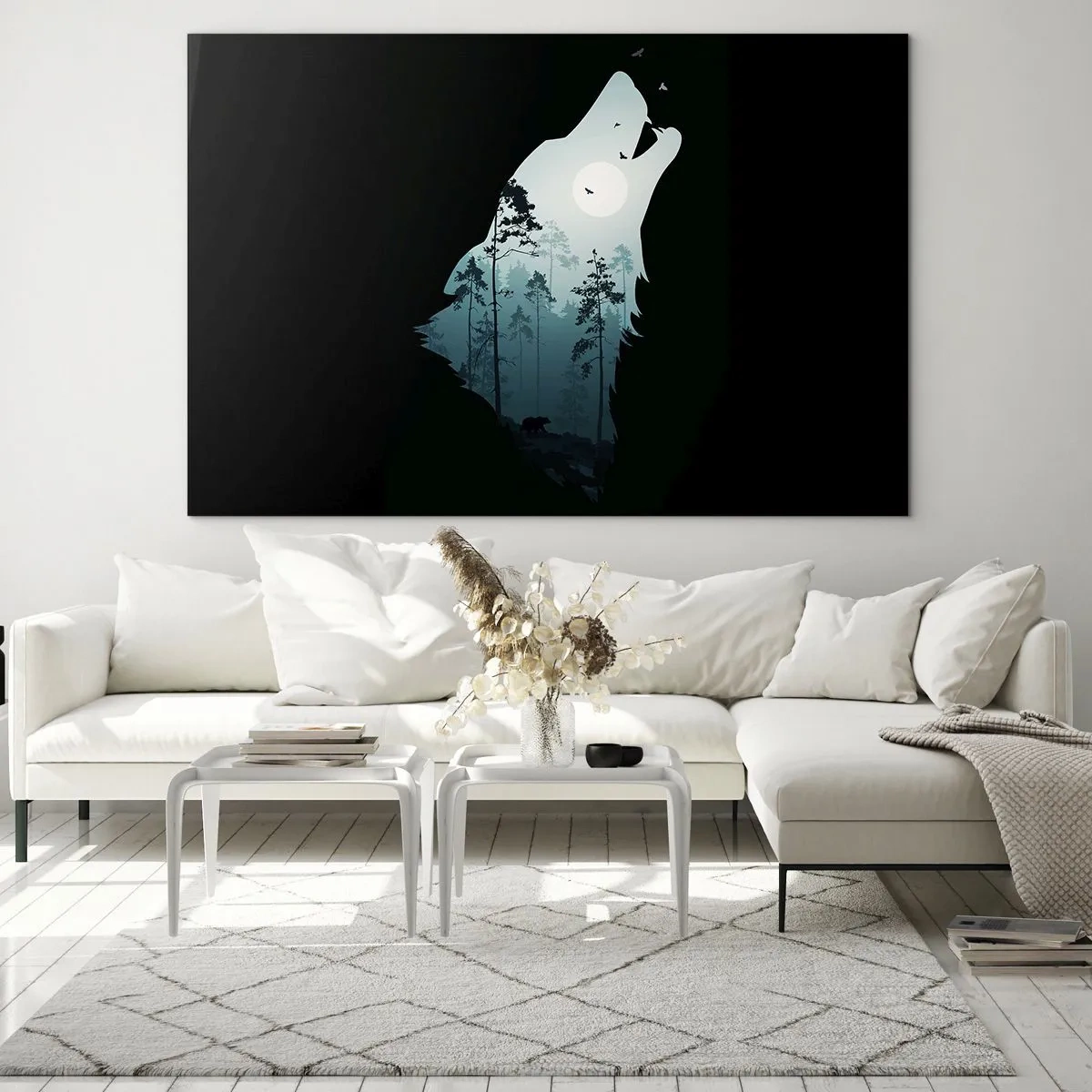 Glasbild - Bild auf glas - Silhouette eines Wolfes mit Wald und Mond im Hintergrund auf schwarzem Hintergrund - 70x50cm - Die Stimme der Waldnacht - Moderne Wanddekoration für Wohnzimmer und Schlafzimmer ARTTOR