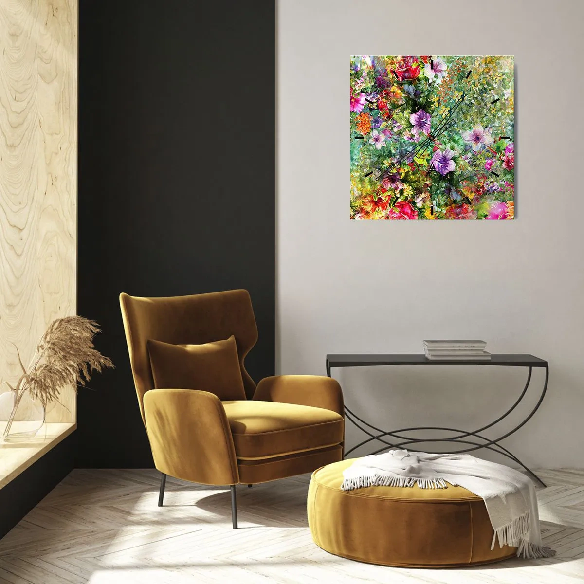 Wanduhr - Glasuhr - Ein buntes Blumenarrangement auf grünem Hintergrund - 30x30cm - In Blumen für das Verderben - Moderne Wanddekoration für Wohnzimmer und Schlafzimmer ARTTOR