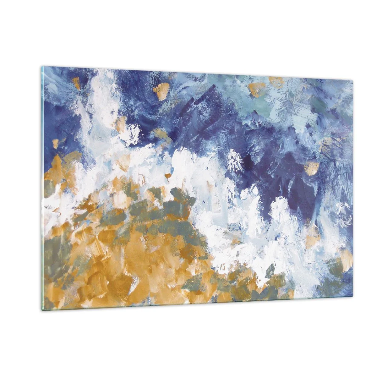 Glasbild - Bild auf glas - Abstrakte Pinselstriche in Blau, Weiß und Gold - 120x80cm - Tanz der Naturelemente - Moderne Wanddekoration für Wohnzimmer und Schlafzimmer ARTTOR