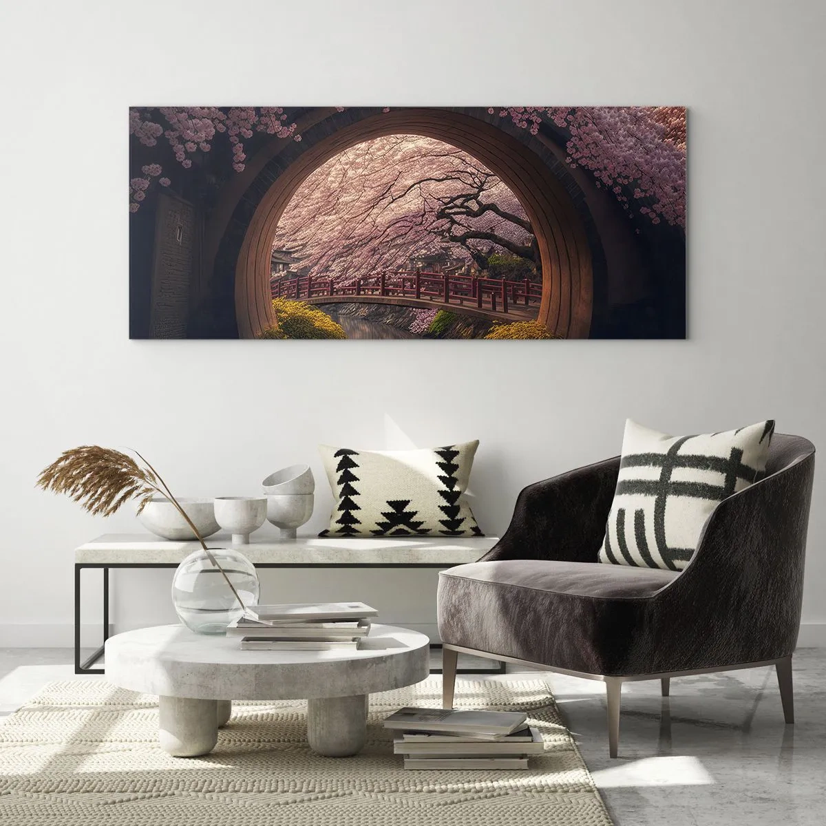 Glasbild - Bild auf glas - Eine traditionelle japanische Brücke, umgeben von Kirschblüten - 140x50cm - Japanischer Frühling - Moderne Wanddekoration für Wohnzimmer und Schlafzimmer ARTTOR