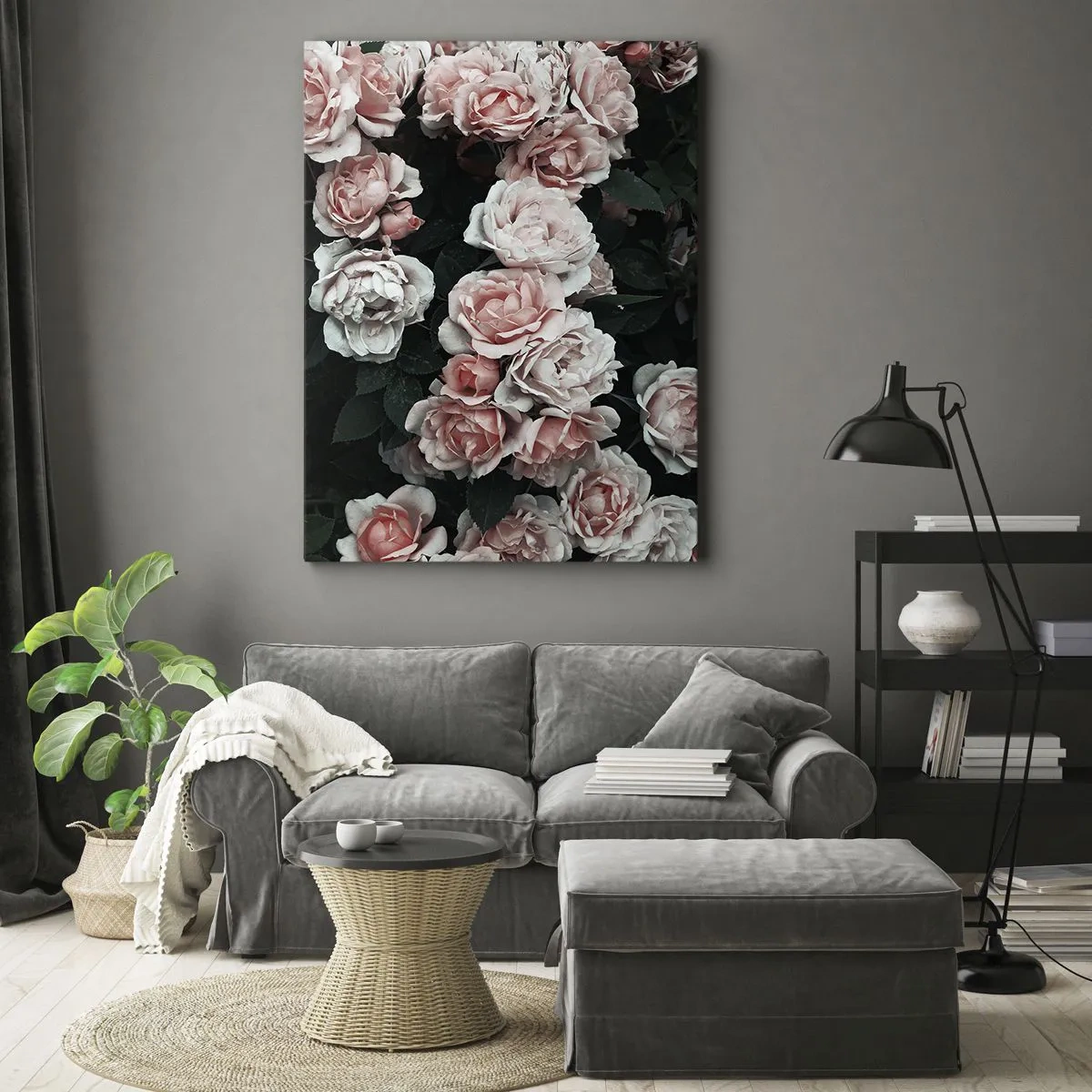 Bild auf Leinwand - Leinwandbild - Rosa Rosen auf dunklem Hintergrund in einer subtilen Komposition - 70x100cm - Rosen-Ensemble - Moderne Wanddekoration für Wohnzimmer und Schlafzimmer ARTTOR