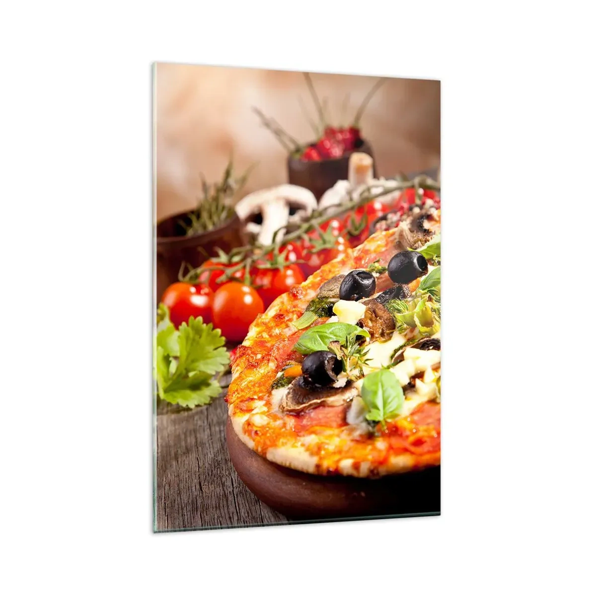 Glasbild - Bild auf glas - Pizza mit Oliven, Basilikum und frischen Zutaten auf Holzhintergrund - 80x120cm - Aus den tellurischen Zutaten - Moderne Wanddekoration für Wohnzimmer und Schlafzimmer ARTTOR