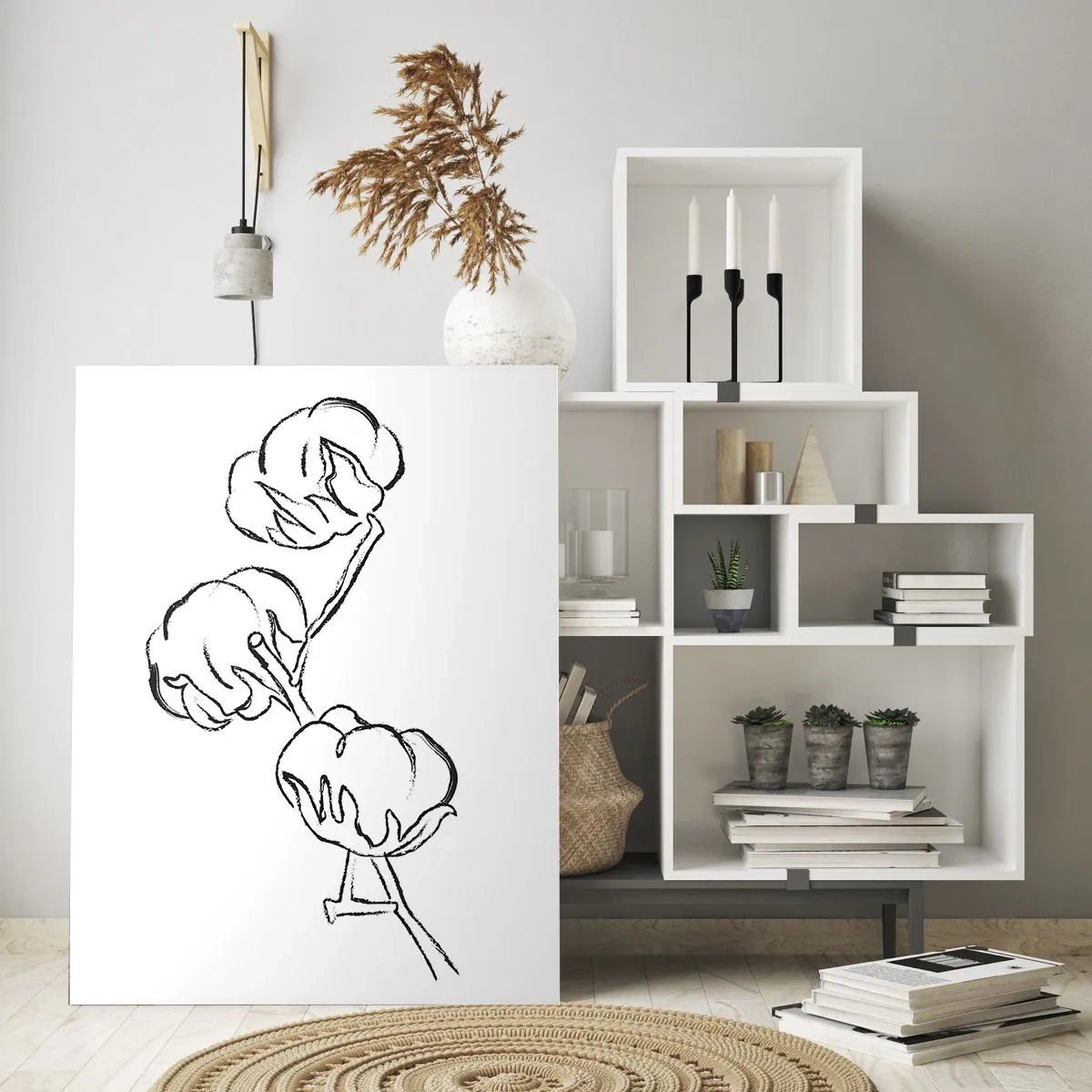 Glasbild - Bild auf glas - Eine minimalistische Skizze eines Baumwollzweigs in schwarzen Linien. - 50x70cm - Baumwolldaunen - Moderne Wanddekoration für Wohnzimmer und Schlafzimmer ARTTOR
