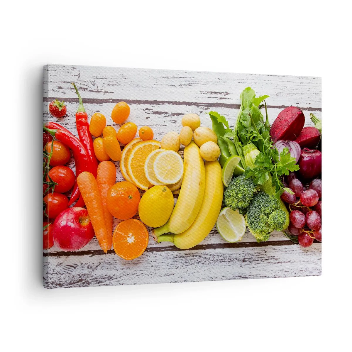 Bild auf Leinwand - Leinwandbild - Buntes Obst und Gemüse auf einem hölzernen Hintergrund - 70x50cm - Es ist nicht genug? - Moderne Wanddekoration für Wohnzimmer und Schlafzimmer ARTTOR