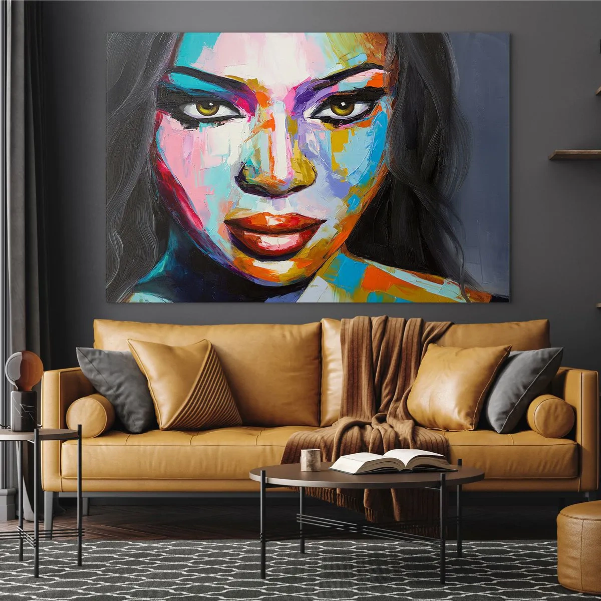 Glasbild - Bild auf glas - Ein farbenfrohes Frauenporträt in einem unverwechselbaren Stil - 70x50cm - Es ist unmöglich die Augen abzuwenden - Moderne Wanddekoration für Wohnzimmer und Schlafzimmer ARTTOR