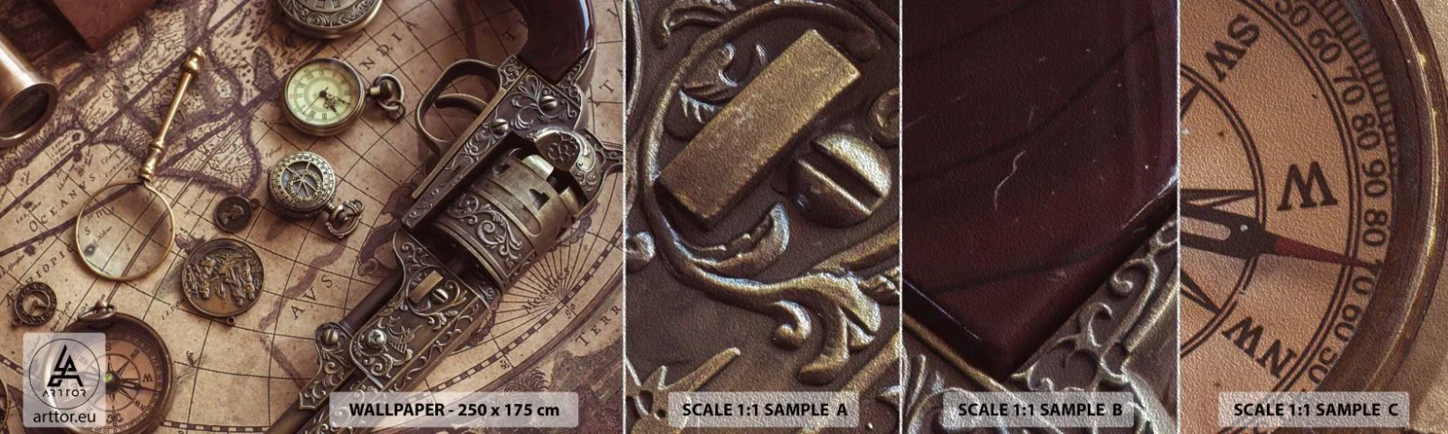 Fototapeten Muster Premium Sand - Das Abenteuer ruft - Weltkarte, Kompass, Revolver - 100x30 cm