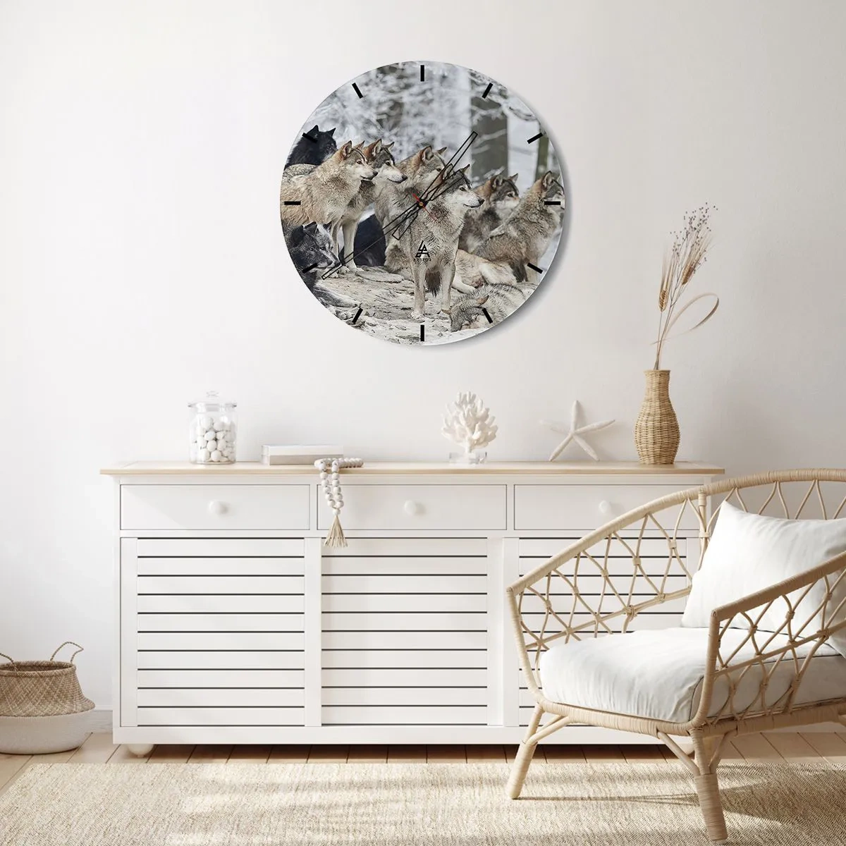 Wanduhr - Glasuhr - Ein Rudel Wölfe in einem Winterwald in einer natürlichen Umgebung - 30x30cm - Familie und Freunde - Moderne Wanddekoration für Wohnzimmer, Küche und Schlafzimmer ARTTOR