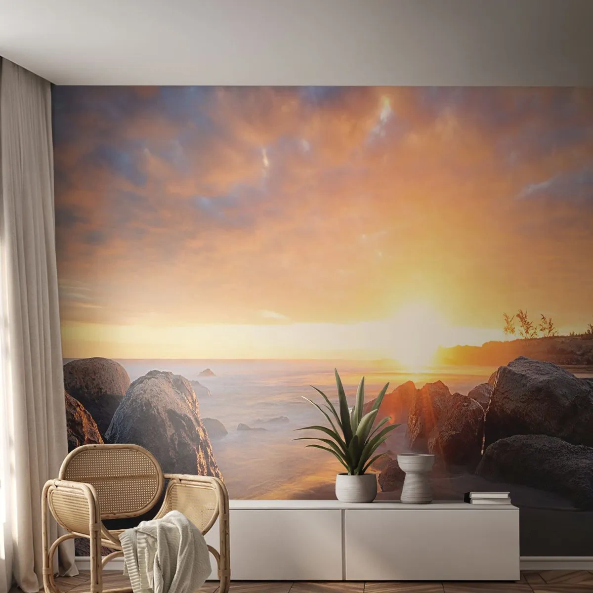 Fototapete Premium Sand - Sonnenuntergang über der felsigen Küste - 100x70cm - Leuchtende Brise des Abends - Moderne Wanddekoration für Wohnzimmer und Schlafzimmer ARTTOR