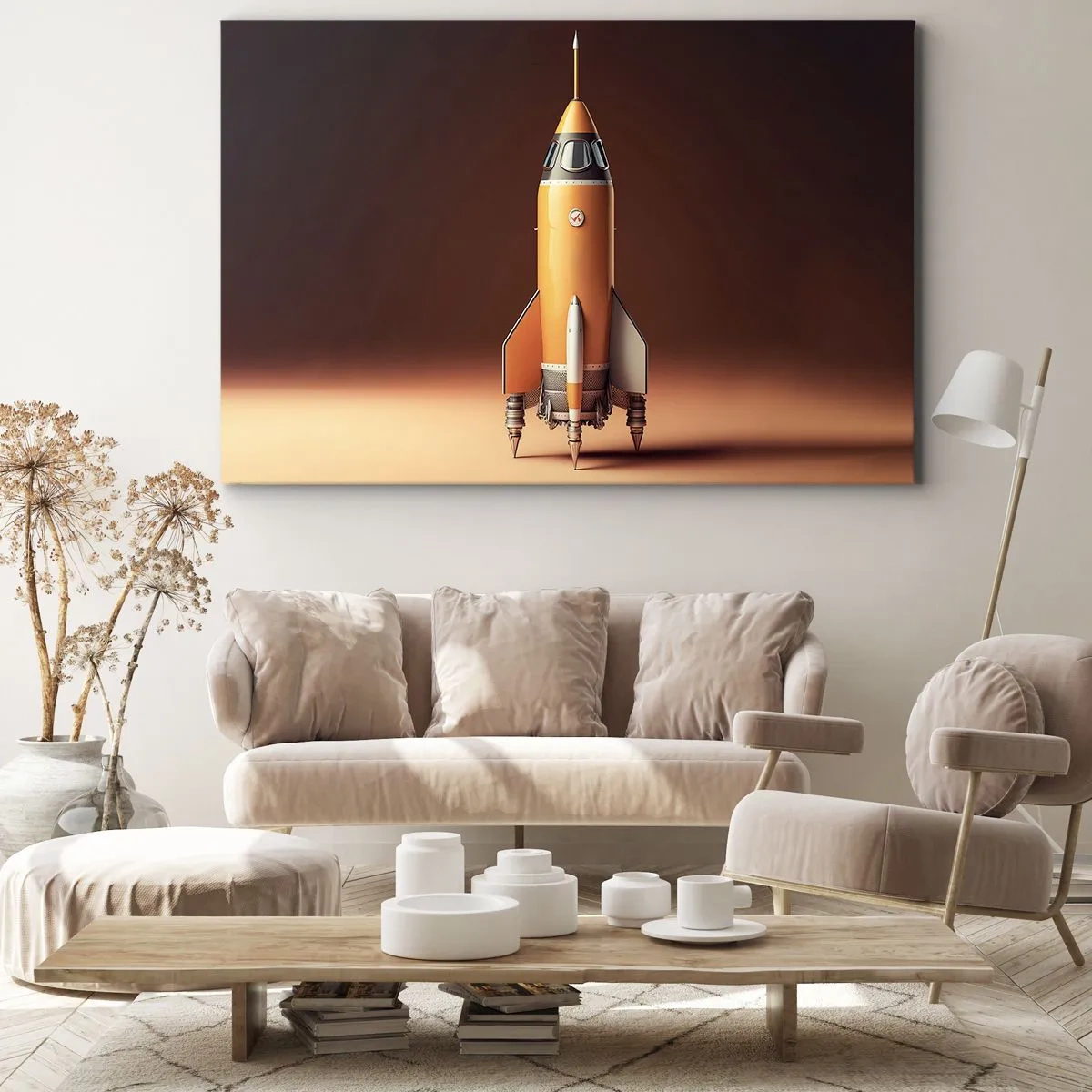 Bild auf Leinwand - Leinwandbild - Eine Rakete im Retro-Stil vor einem Hintergrund in Brauntönen - 70x50cm - Es beginnt mit einem Traum - Moderne Wanddekoration für Wohnzimmer und Schlafzimmer ARTTOR