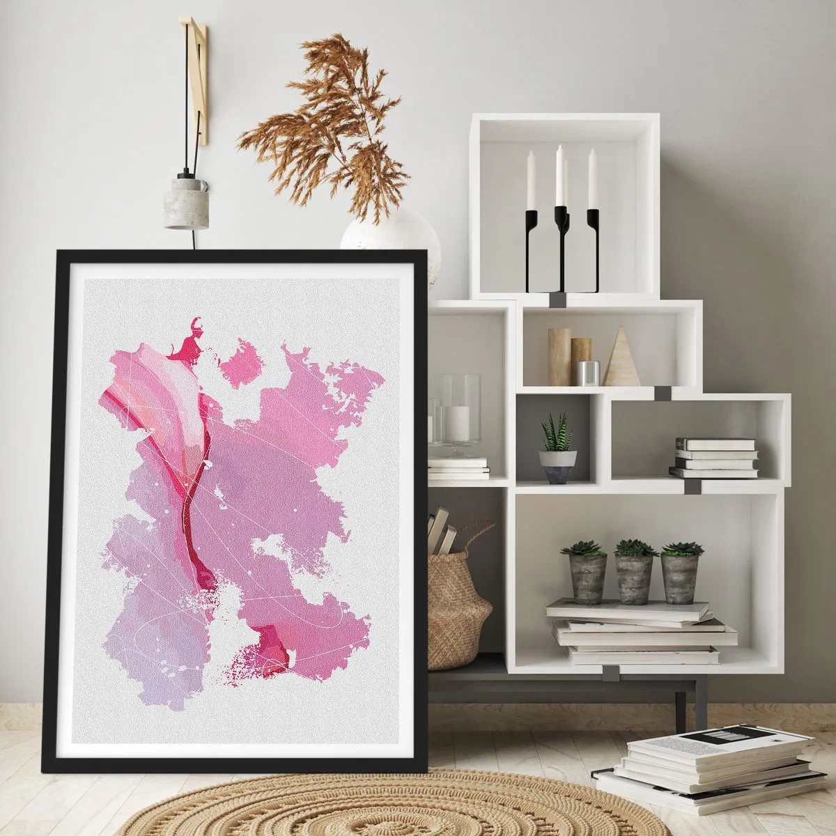 Poster in einem schwarzem Rahmen - Abstrakte Karte in Rosa- und Lilatönen - 50x70cm - Karte der Rosawelt - Moderne Wanddekoration für Wohnzimmer und Schlafzimmer ARTTOR