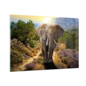 Glasbild - Bild auf glas - Ein Elefant vor einer Berglandschaft bei Sonnenuntergang - 100x70cm - So sah Eden aus - Moderne Wanddekoration für Wohnzimmer und Schlafzimmer ARTTOR