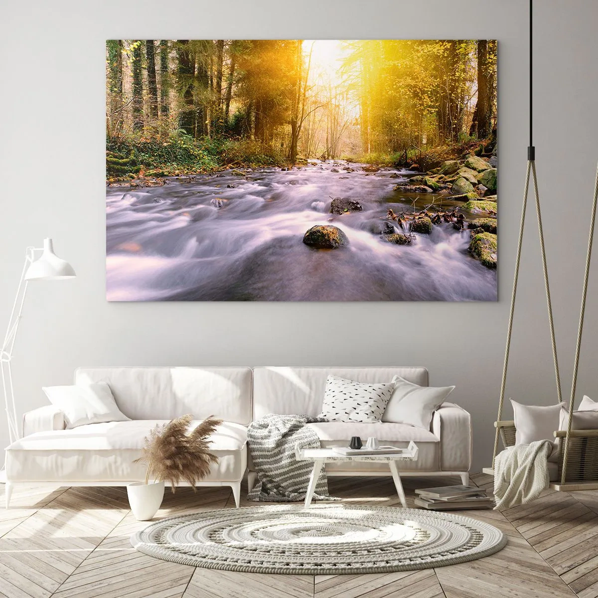 Glasbild - Bild auf glas - Waldbach im Sonnenlicht - 70x50cm - Malachit im Silber- und Goldrahmen - Moderne Wanddekoration für Wohnzimmer und Schlafzimmer ARTTOR