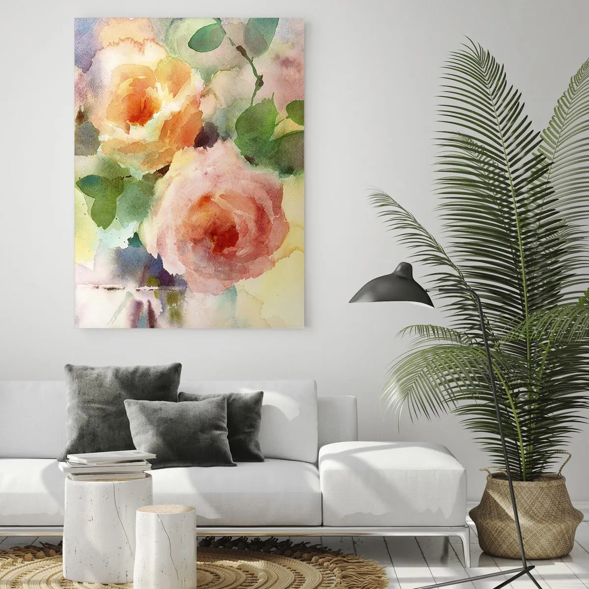Glasbild - Bild auf glas - Zarte Rosen im Aquarell-Stil auf hellem Hintergrund - 80x120cm - Zart wie Aquarell - Moderne Wanddekoration für Wohnzimmer und Schlafzimmer ARTTOR