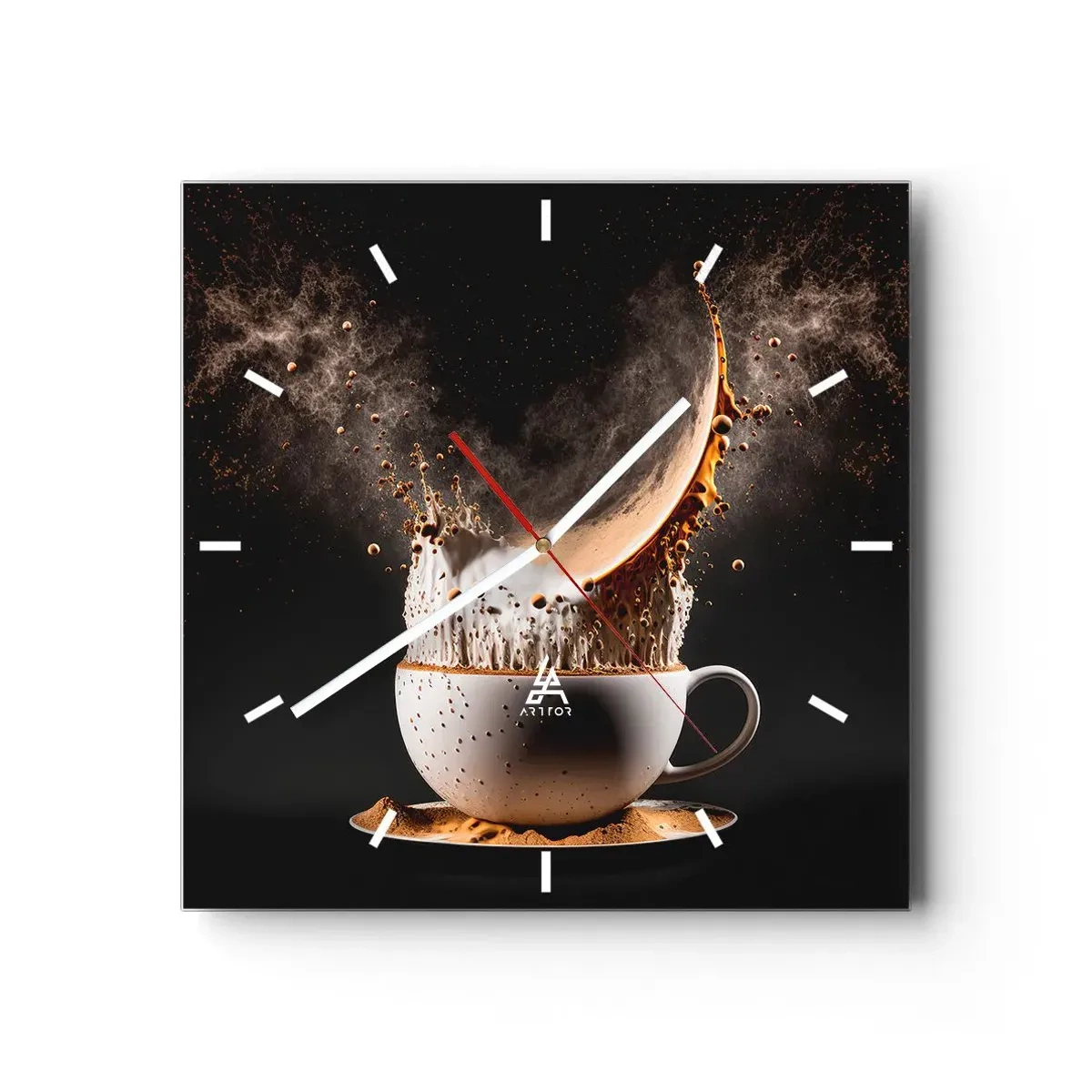Wanduhr - Glasuhr - Eine Tasse Kaffee mit einer dynamischen Flüssigkeitsexplosion auf schwarzem Hintergrund. - 30x30cm - Geschmacksexplosion - Moderne Wanddekoration für Wohnzimmer und Schlafzimmer ARTTOR