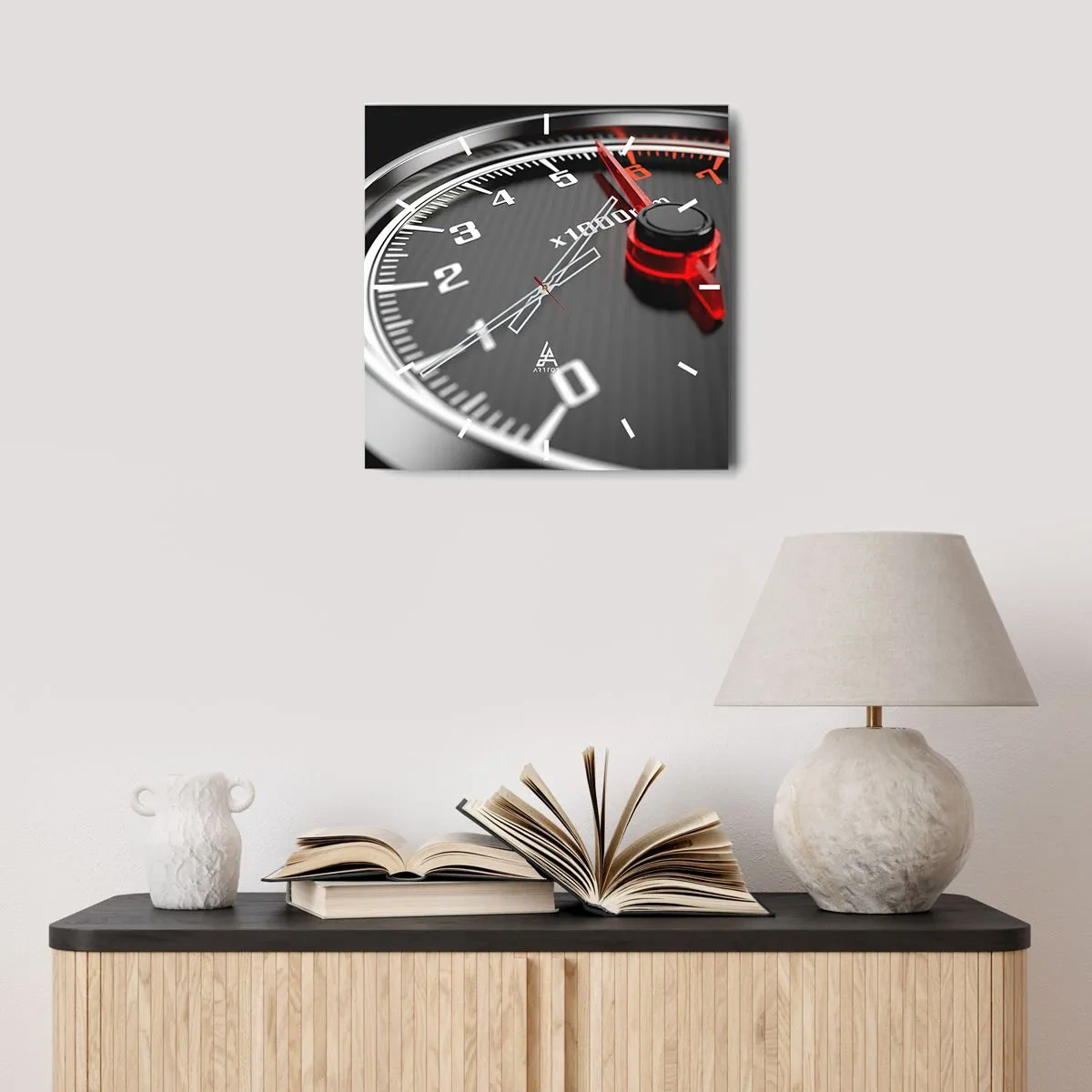 Wanduhr - Glasuhr - Nahaufnahme des Drehzahlmessers mit der roten Nadel - 30x30cm - Vollgas! - Moderne Wanddekoration für Wohnzimmer und Schlafzimmer ARTTOR