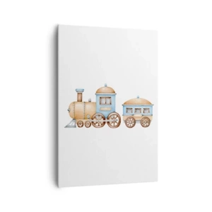 Bild auf Leinwand - Leinwandbild - Zeichnung eines Zuges in Pastelltönen auf weißem Hintergrund - 70x100cm - Am Bahnhof steht ... - Moderne Wanddekoration für Wohnzimmer und Schlafzimmer ARTTOR