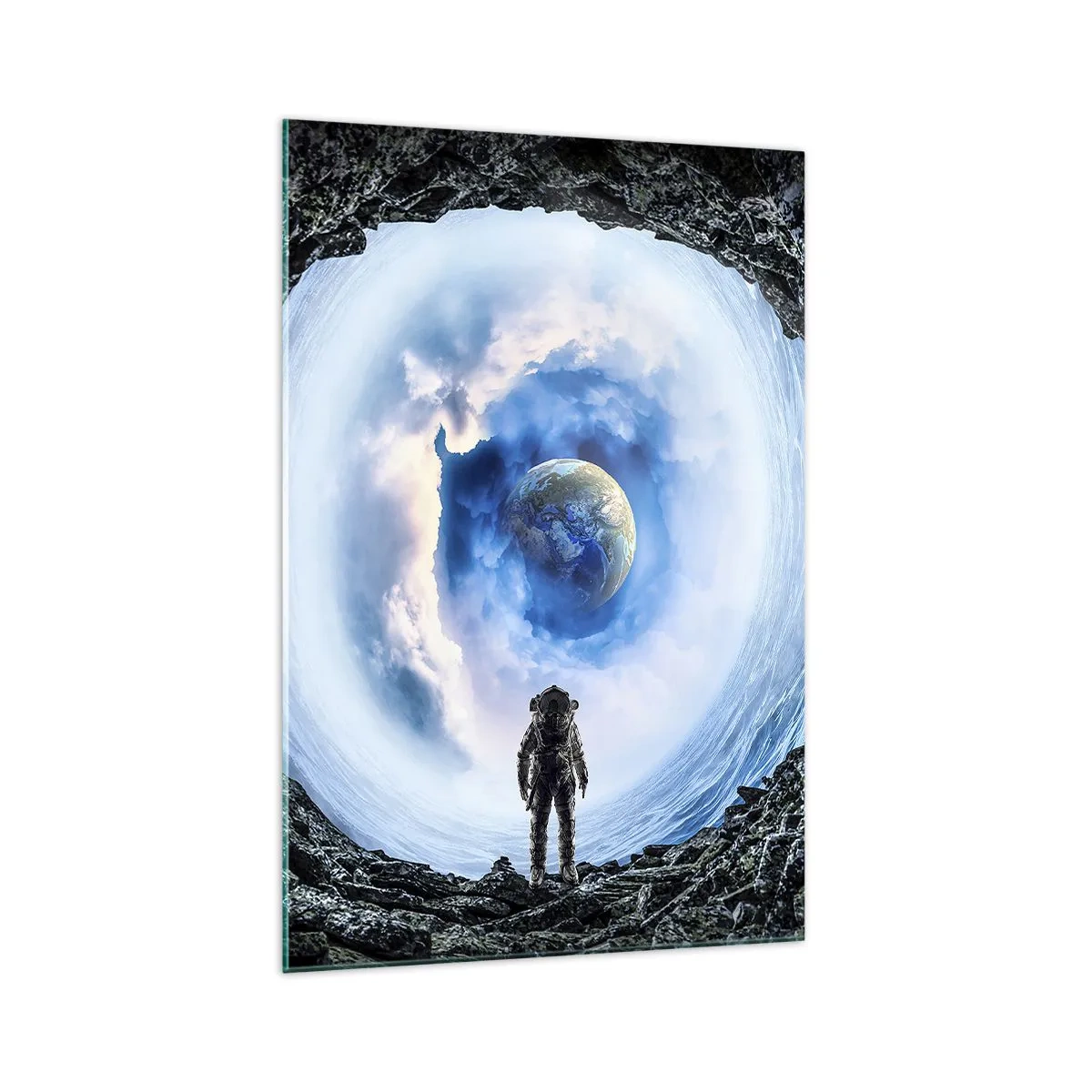 Glasbild - Bild auf glas - Astronaut vor einer Weltraumlandschaft mit der Erde im Hintergrund - 70x100cm - Es ist nicht weit von zu Hause - Moderne Wanddekoration für Wohnzimmer und Schlafzimmer ARTTOR