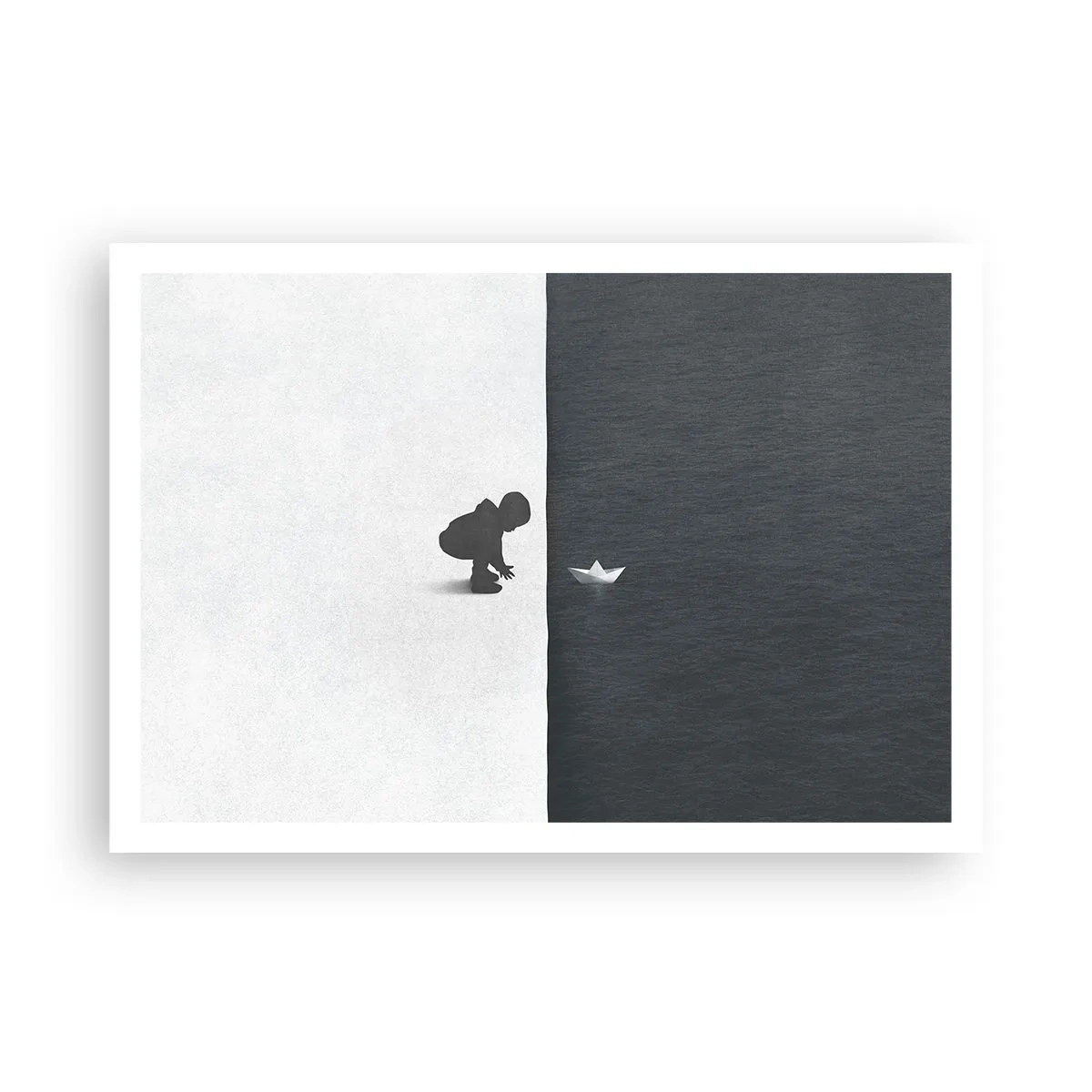 Poster - Eine Kinderfigur mit einem Papierboot vor einem Hintergrund aus kontrastierenden Hälften - 100x70cm - Tolle Expedition - Moderne Wanddekoration für Wohnzimmer und Schlafzimmer ARTTOR