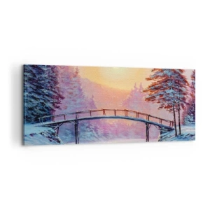 Bild auf Leinwand - Leinwandbild - Winterlandschaft mit einer vom Sonnenuntergang beleuchteten Brücke - 120x50cm - Vier Jahreszeiten - Winter - Moderne Wanddekoration für Wohnzimmer und Schlafzimmer ARTTOR