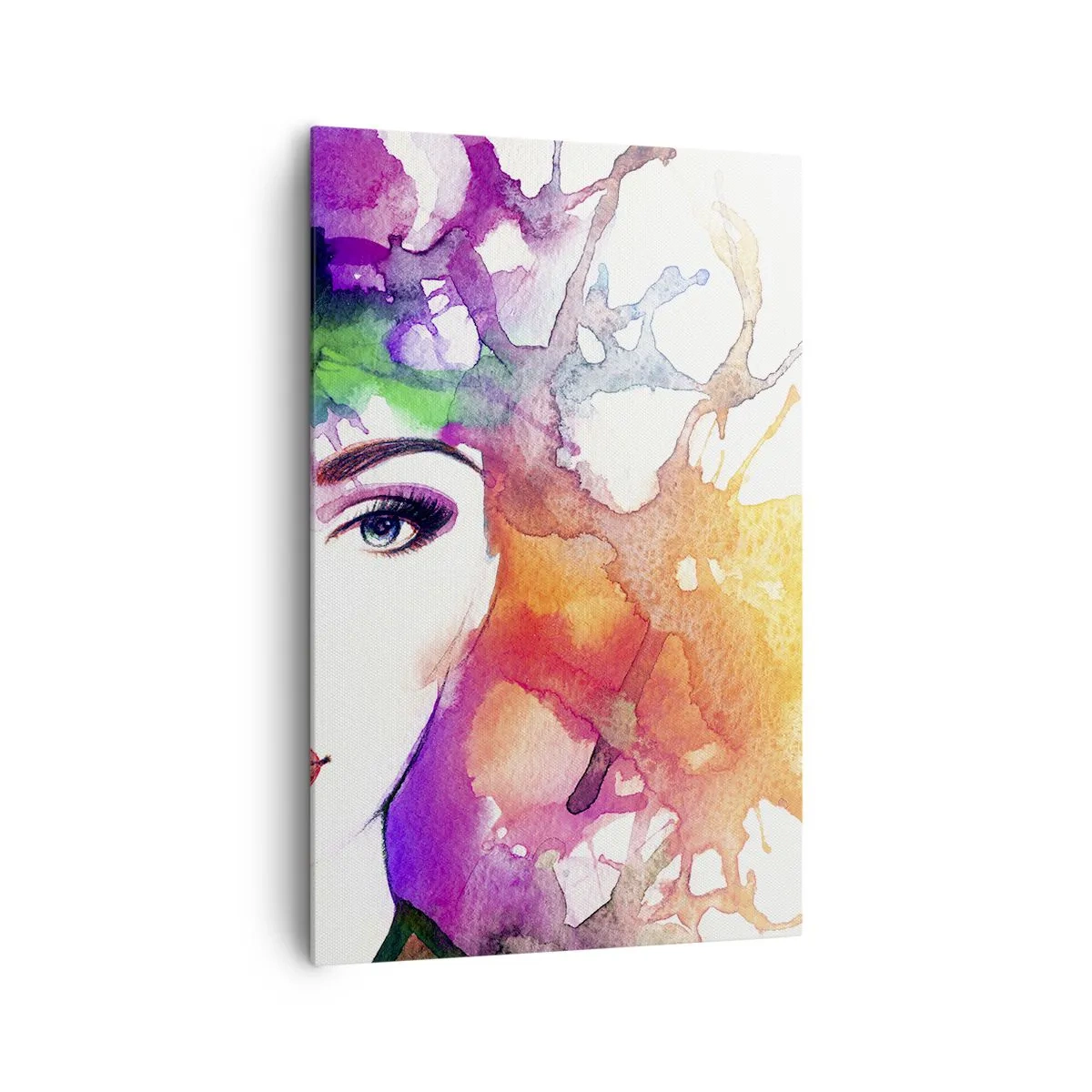 Bild auf Leinwand - Leinwandbild - Porträt einer Frau in Aquarellfarben mit abstrakten Flecken - 80x120cm - Mit dem Kopf in den Wolken - Moderne Wanddekoration für Wohnzimmer und Schlafzimmer ARTTOR