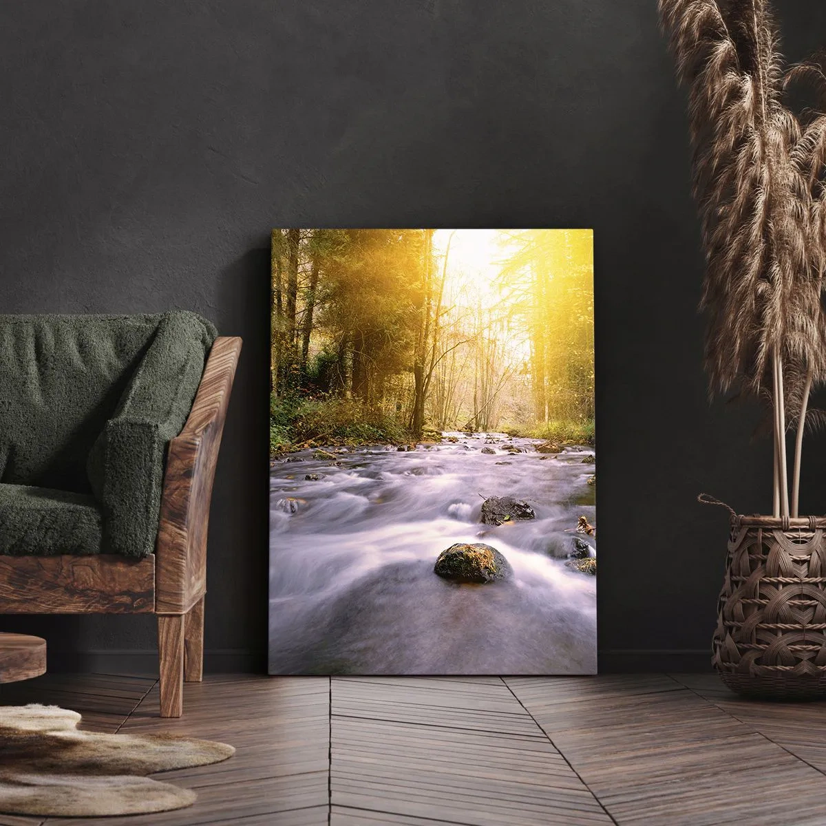 Bild auf Leinwand - Leinwandbild - Ein Waldbach, beleuchtet von den Sonnenstrahlen - 80x120cm - Malachit im Silber- und Goldrahmen - Moderne Wanddekoration für Wohnzimmer und Schlafzimmer ARTTOR