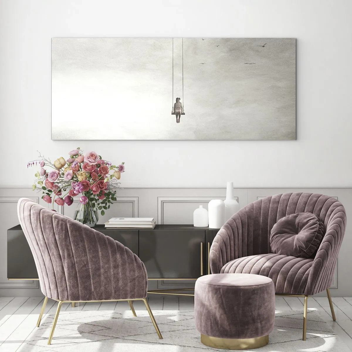 Glasbild - Bild auf glas - Eine Figur auf einer Schaukel, die im Raum schwebt - 160x50cm - Ein Kind in uns - Moderne Wanddekoration für Wohnzimmer und Schlafzimmer ARTTOR