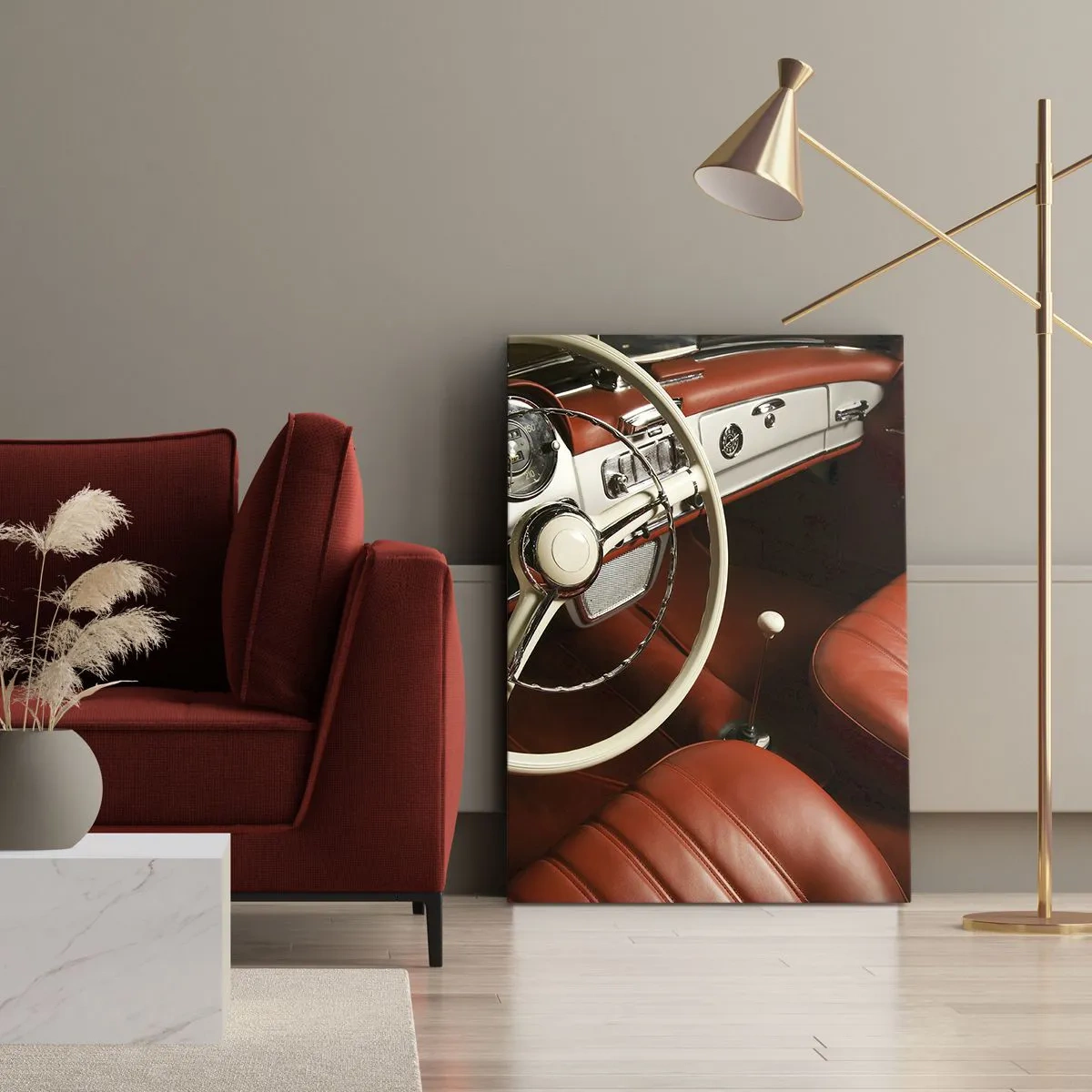 Bild auf Leinwand - Leinwandbild - Oldtimer-Innenraum mit roten Ledersitzen - 70x100cm - Luxus im Vintagestil - Moderne Wanddekoration für Wohnzimmer und Schlafzimmer ARTTOR