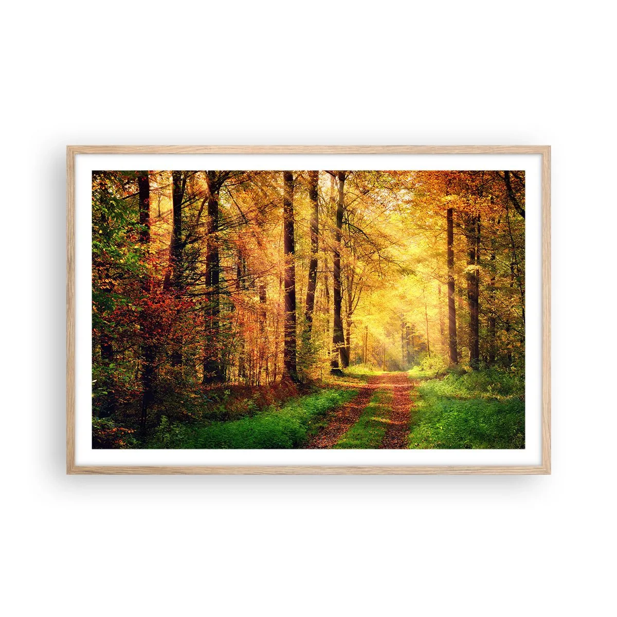 Poster in einem Rahmen aus heller Eiche - Waldgoldene Stille - 91x61 cm