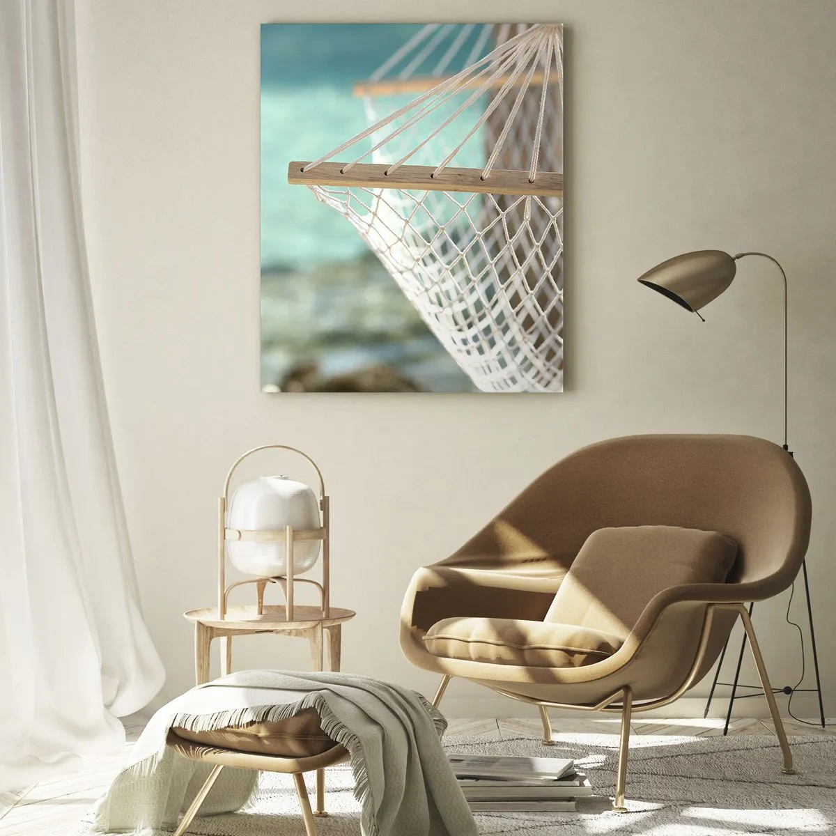 Glasbild - Bild auf glas - Eine Hängematte mit Blick auf das kristallklare türkisfarbene Wasser - 50x70cm - Zeit zum Entspannen - Moderne Wanddekoration für Wohnzimmer und Schlafzimmer ARTTOR