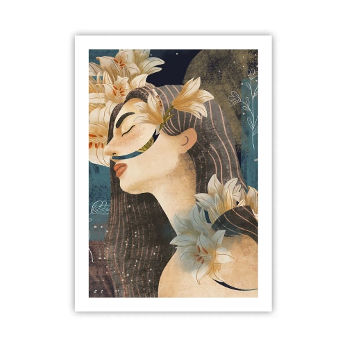 Poster - Profil einer Frau, umgeben von Lilien vor einem marineblauen Hintergrund - 50x70cm - Ein Märchen über eine Prinzessin mit Lilien - Moderne Wanddekoration für Wohnzimmer und Schlafzimmer ARTTOR