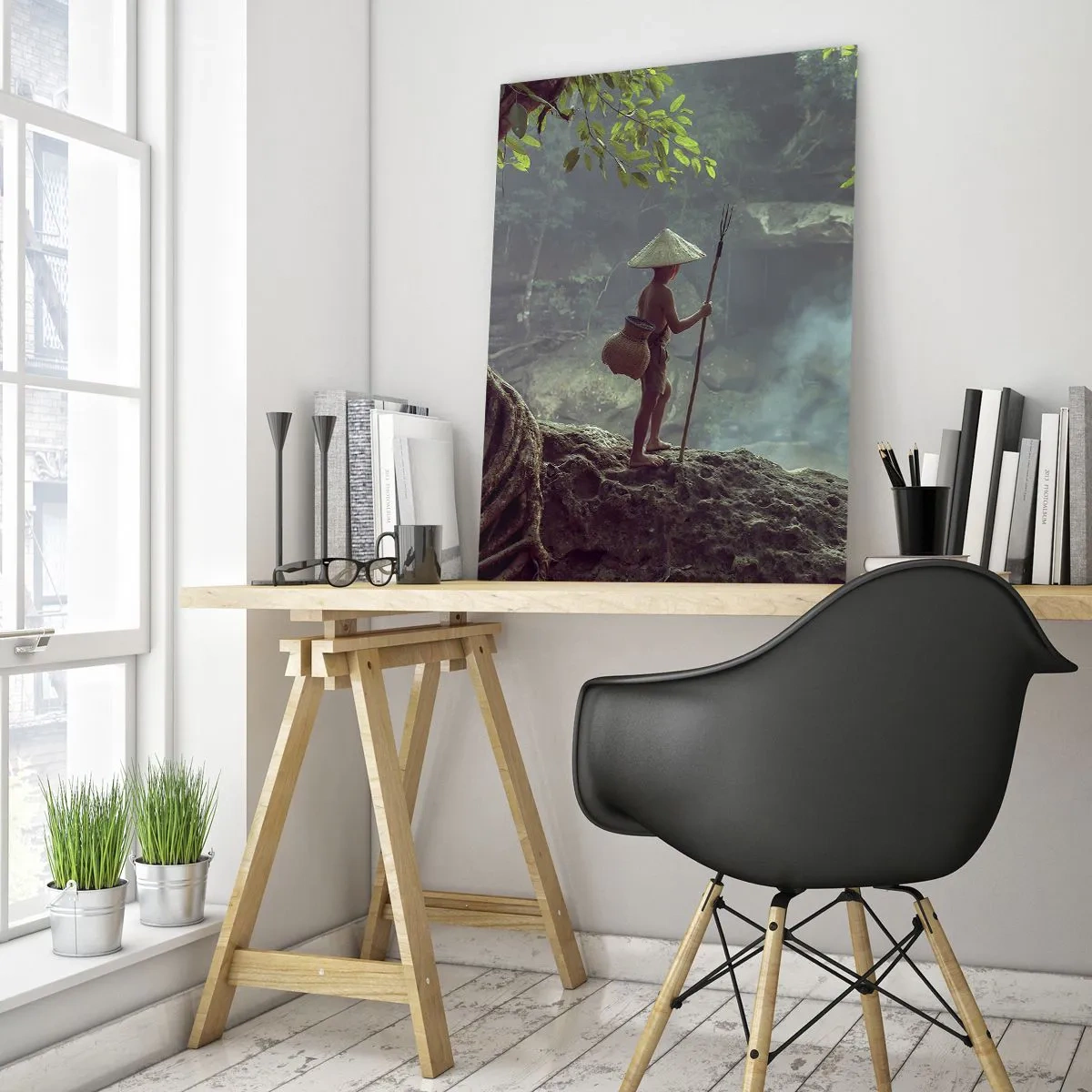 Glasbild - Bild auf glas - Eine Figur mit einem Speer an einem Wasserfall in einem tropischen Wald - 80x120cm - Befreundet mit der Natur - Moderne Wanddekoration für Wohnzimmer und Schlafzimmer ARTTOR