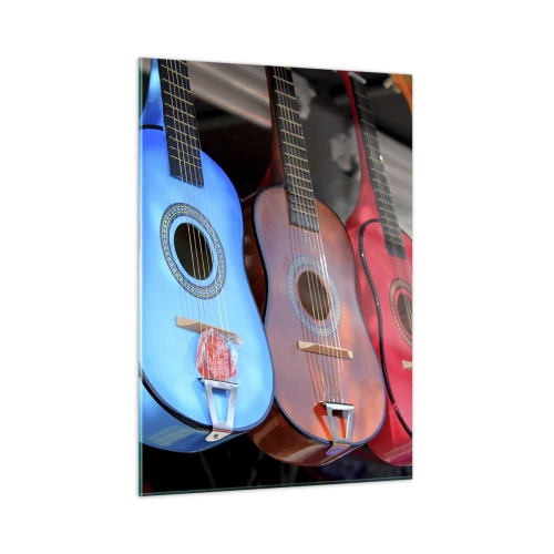Glasbild - Bild auf glas - Bunte Gitarren hängen in einer Reihe auf dem Display - 50x70cm - Lateinische Atmosphäre - Moderne Wanddekoration für Wohnzimmer und Schlafzimmer ARTTOR